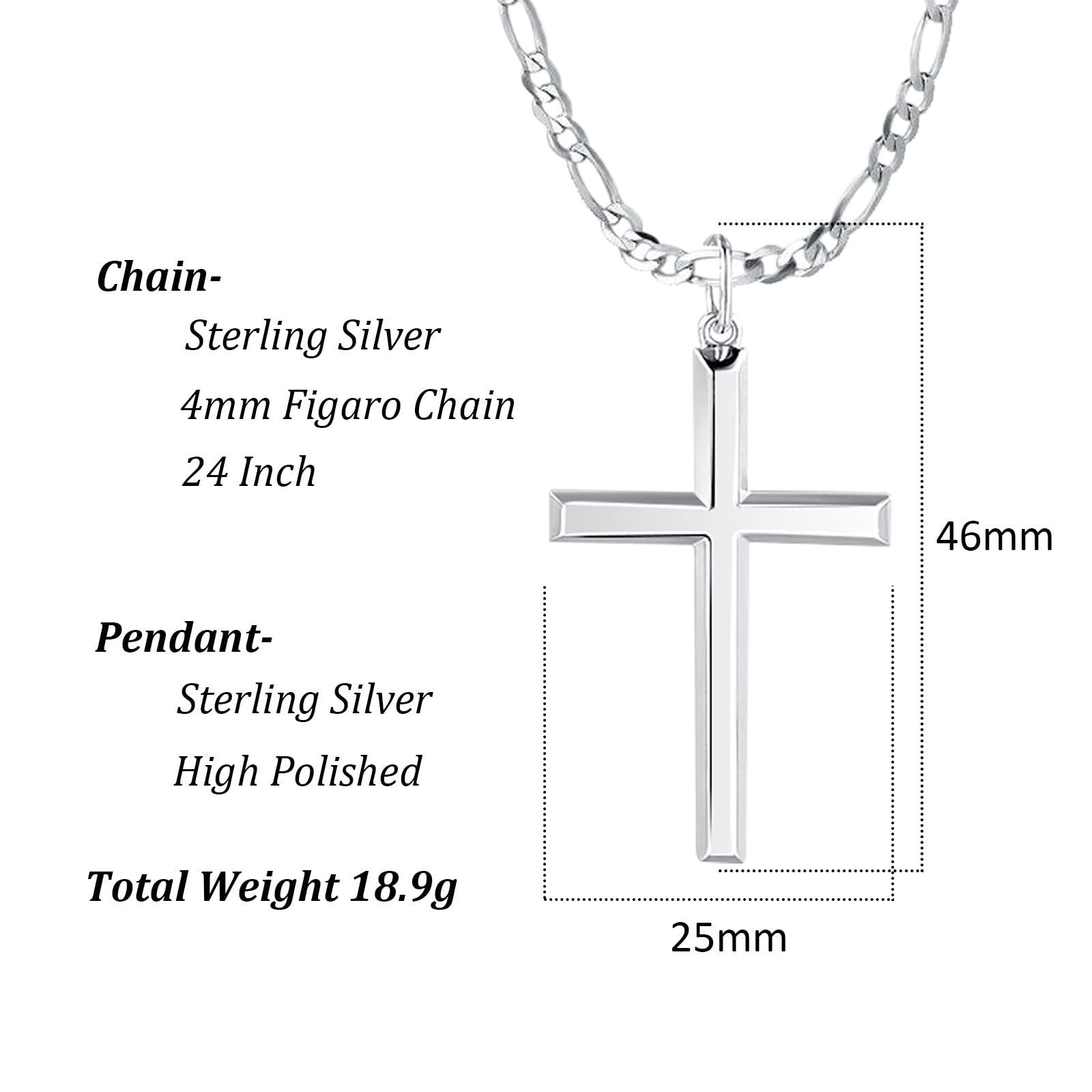 FANCIME 925 Sterling Silver Cross Pendant Necklace for Men - White Gold Plated, 4mm Figaro Chain, 24 Inch - Religious Jewelry Gift for Him - Perfect for Church, Weddings & Everyday Wear