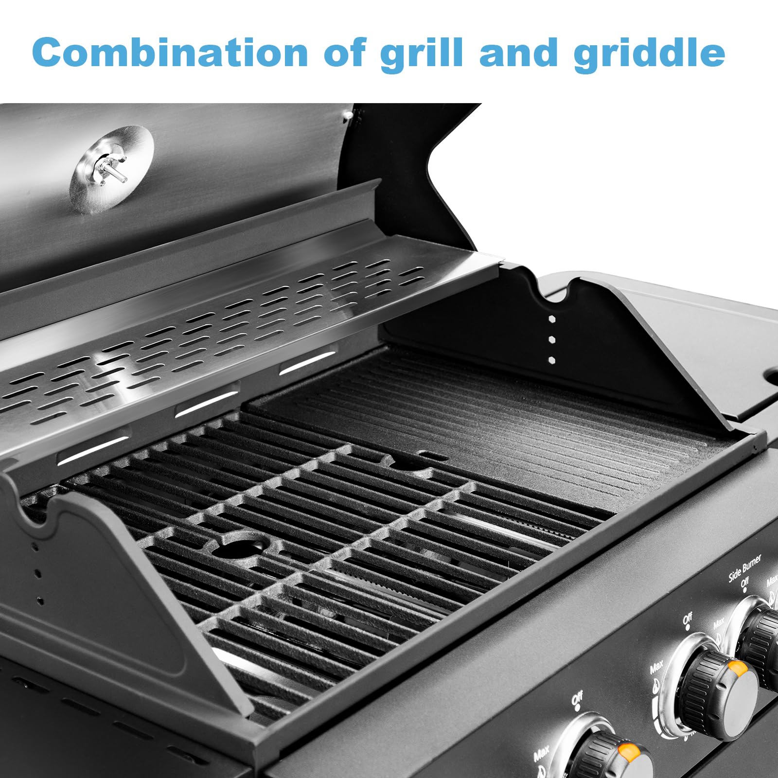 2 in 1 Propane Gas BBQ Grill with Side Burner & Porcelain-Enameled Cast Iron Grate - 4-Burner Flat Top Grill, 46,700 BTU Outdoor Barbecue Griddle Combo - Perfect for Camping, Patio, Backyard, Tailgating & Family Gatherings