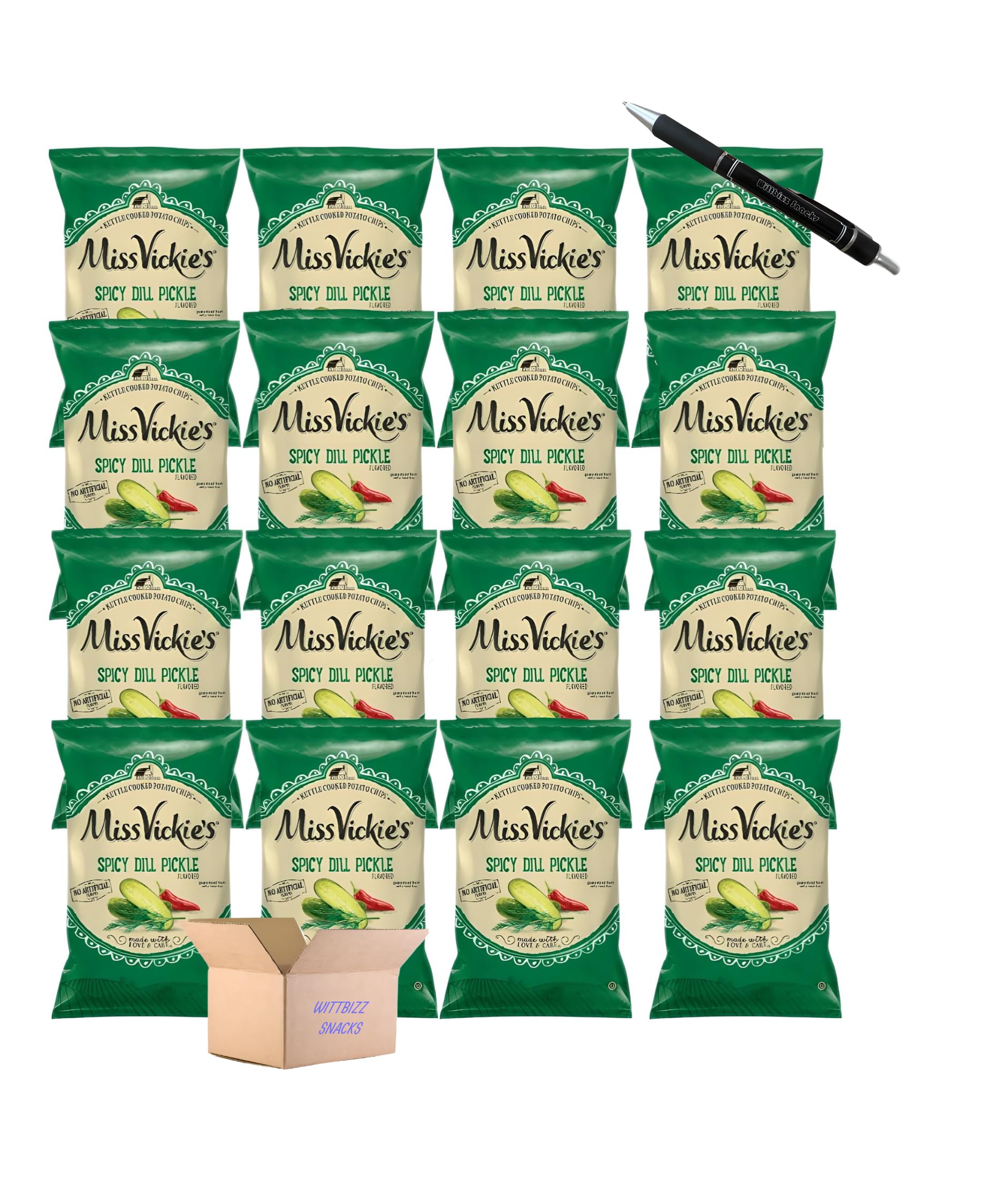 Ms Vickie's Spicy Dill Pickle Kettle Cooked Potato Chips - 1.375oz (16 Pack) | Crunchy Snack Bundle by Wittbizz | Perfect for Parties, Picnics & On-the-Go Snacking