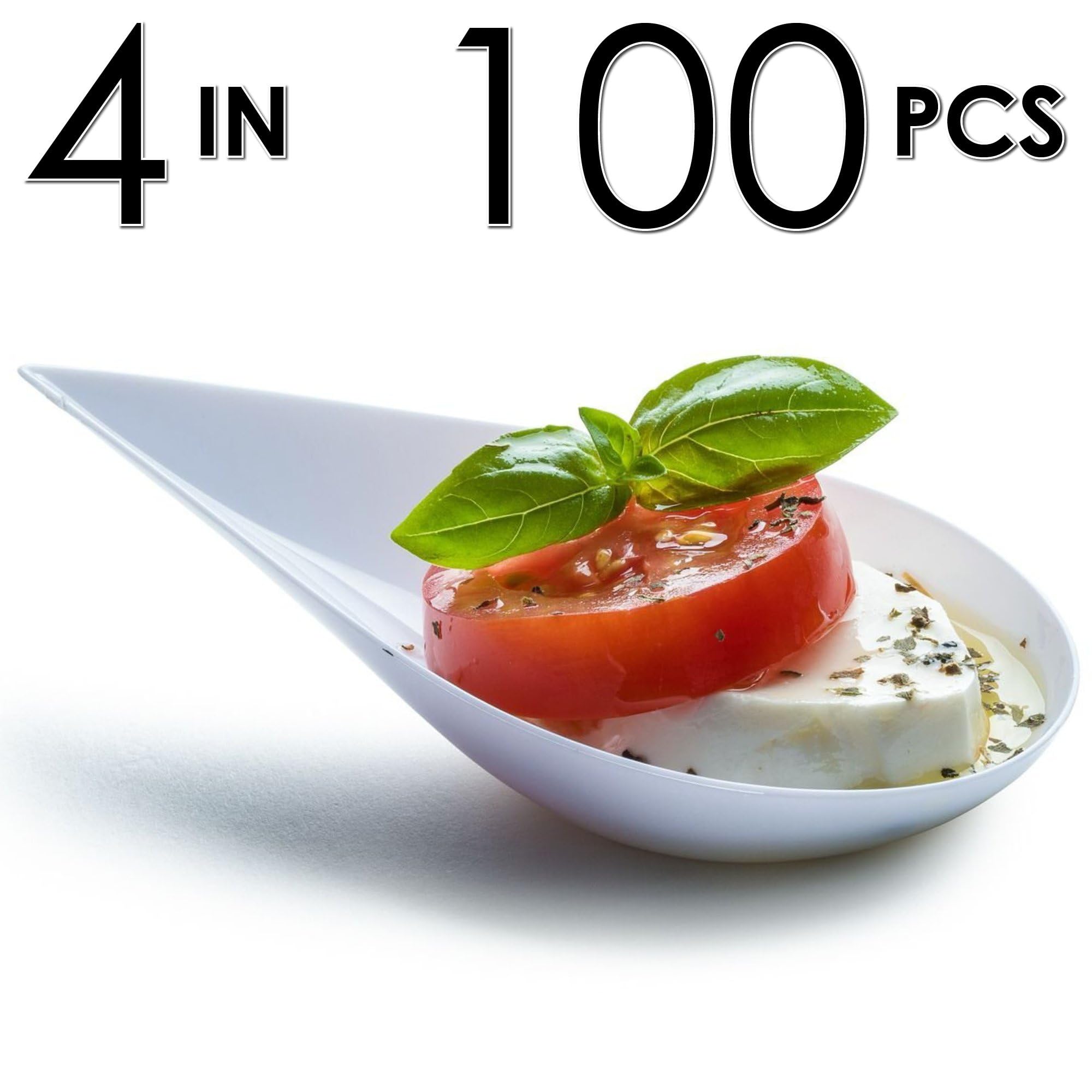DLux 100 4-in-1 Mini Appetizer Plates with Reusable White Plastic Spoons - Elegant Dessert and Appetizer Serving Set for Parties, Catering, and Tea Time - Includes Free Recipe Ebook - Perfect for Asian Cuisine, Small Bites, and Tasting Events