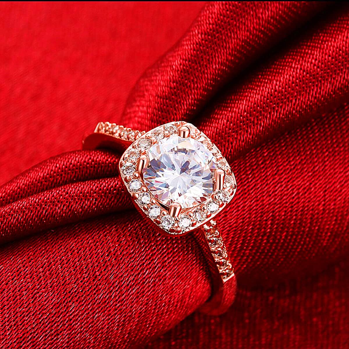 18K Rose Gold or White Gold Plated Crystal Halo Engagement Ring for Women - Elegant Pave Band Wedding Ring, Size 7 | Perfect for Proposals, Anniversaries & Special Occasions