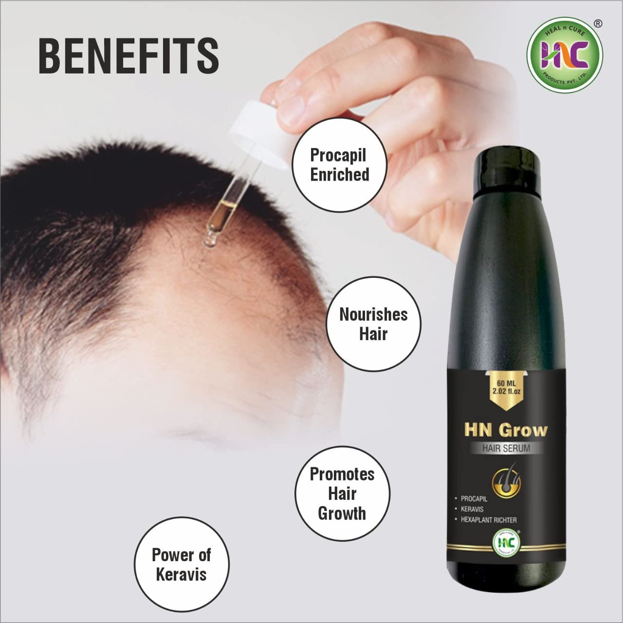HN Grow Hair Serum with Procapil, Hexaplant & Keravis - 60ml | Hair Fall Control & Healthy Hair Growth Treatment for Men & Women | Perfect for Thinning Hair, Baldness & Scalp Care