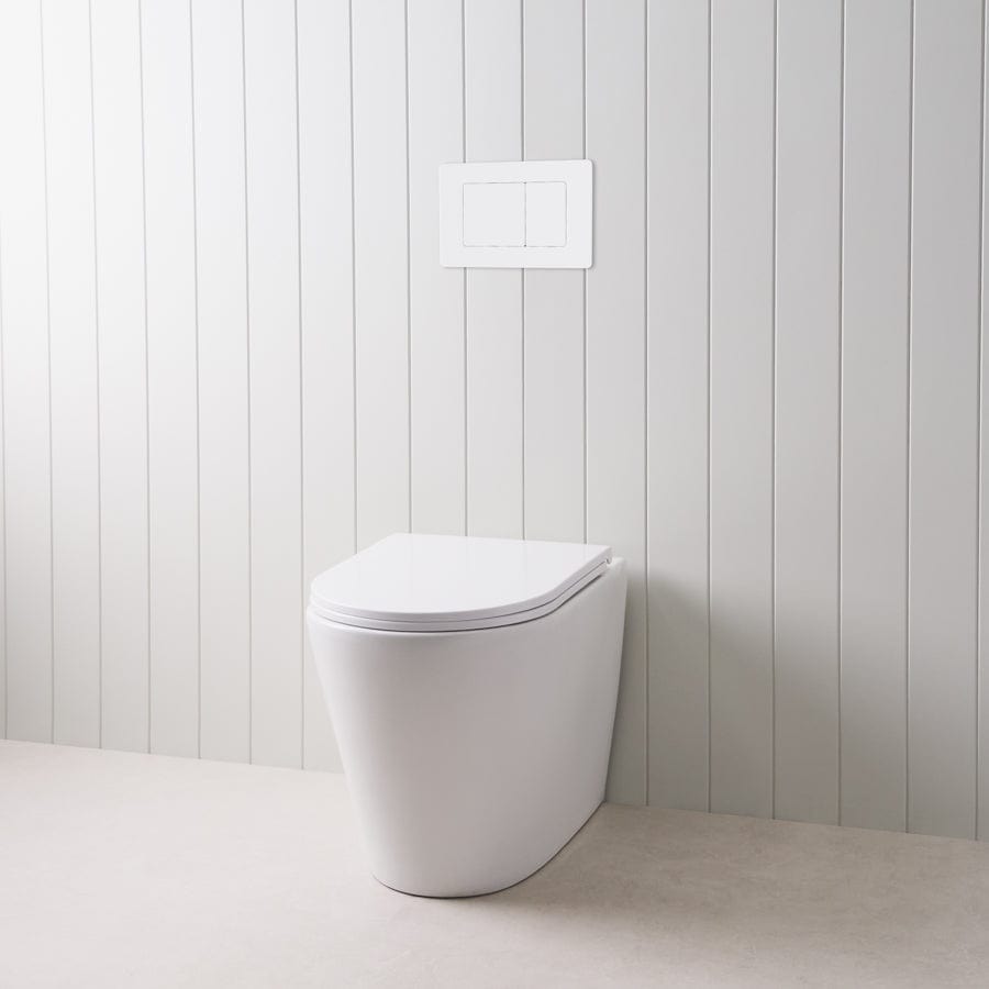 Angled In-Wall Toilet with Rectangle Matte White Buttons - Modern Space-Saving Bathroom Solution for Small Spaces & Contemporary Homes