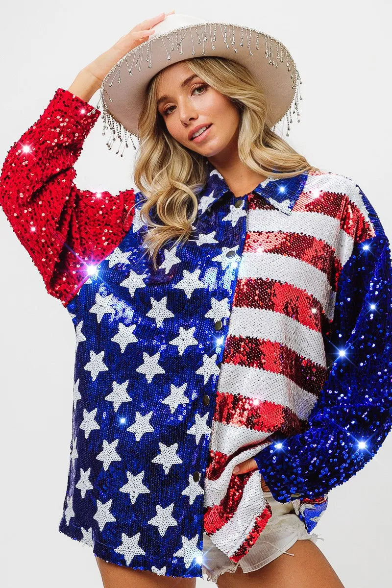 BiBi Velvet Sequin American Flag Shirt - Patriotic Women's Fashion Top for 4th of July, Parties & Festive Events