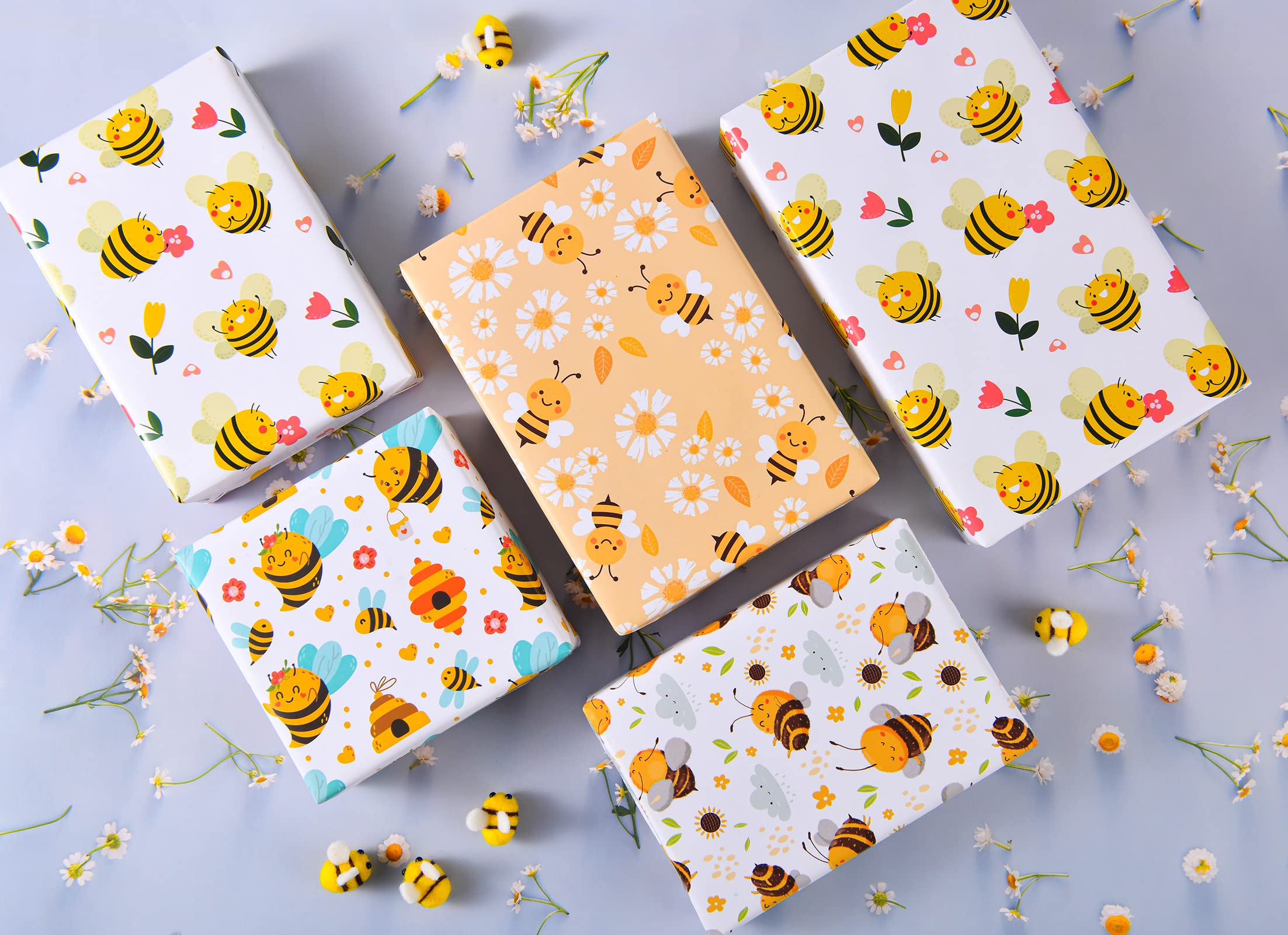 Titiweet Bee Themed Wrapping Paper - 12 Sheets Birthday Gift Wrap for Girls & Women, 20 x 28 Inches, Cute Honeycomb & Bee Design for Birthday Party, Baby Shower & Christmas Gifts - Perfect for DIY Crafts & Holiday Present Wrapping