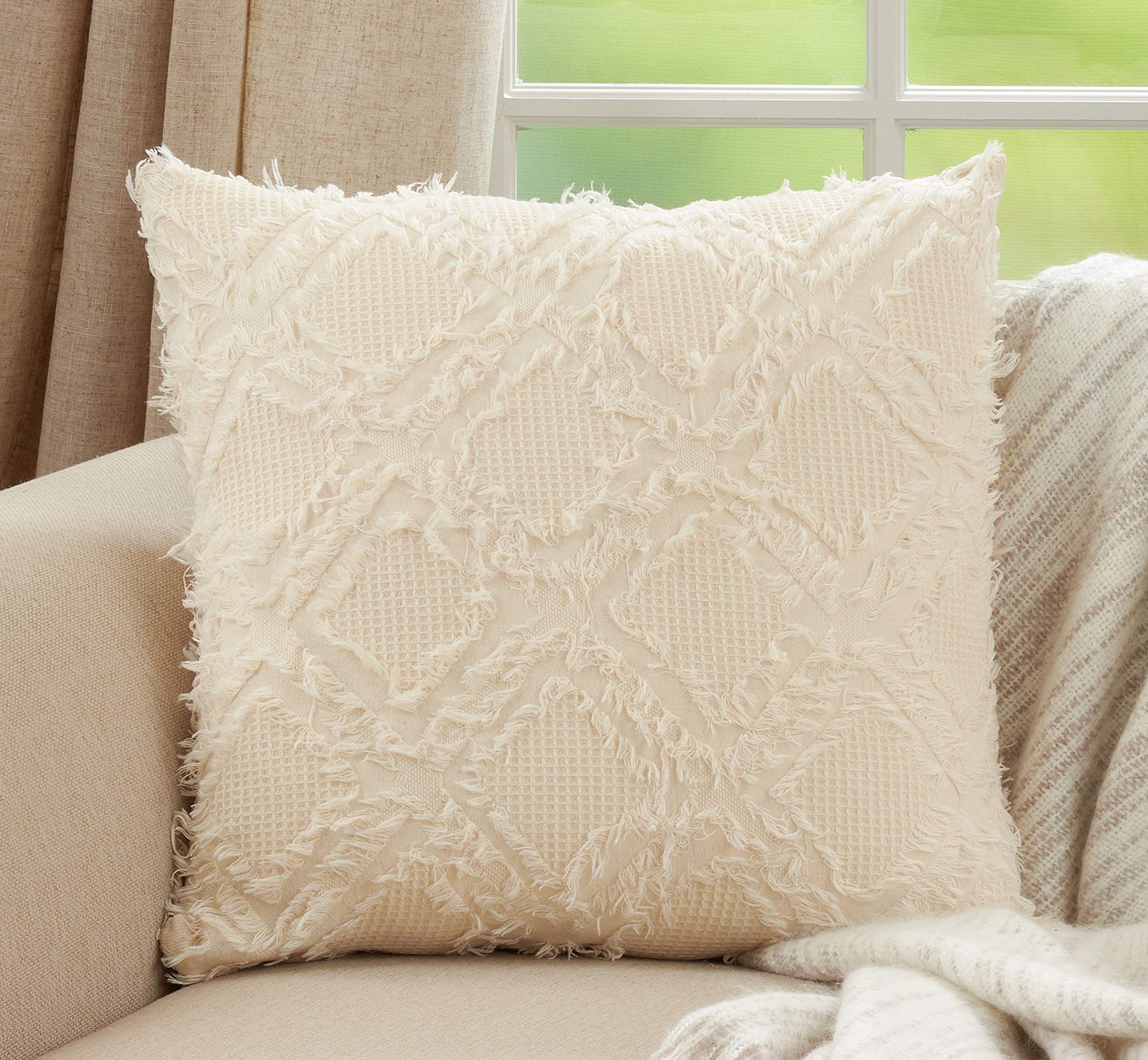 SARO LIFESTYLE Ivoryline Collection 18x18 Inch Fringe Waffle Weave Pillow Cover - Soft Textured Decorative Throw Pillow Case for Sofa, Bed, Couch - Ivory Home Decor