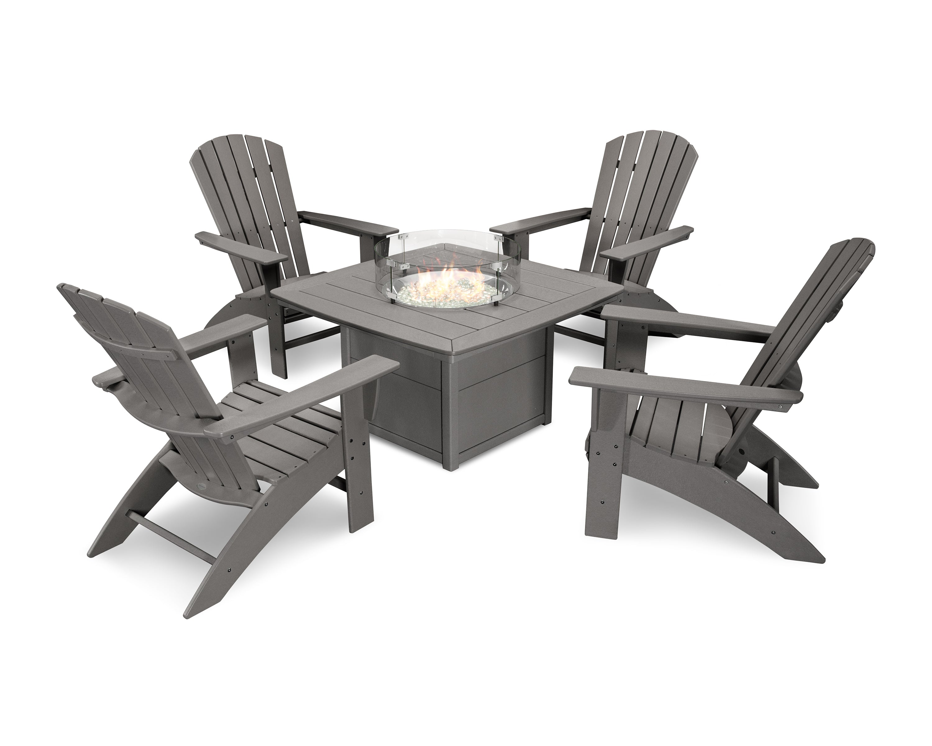 POLYWOOD Nautical Curveback Adirondack 5-Piece Outdoor Conversation Set with Fire Pit Table - Perfect for Patio, Deck, Poolside & Backyard Relaxation