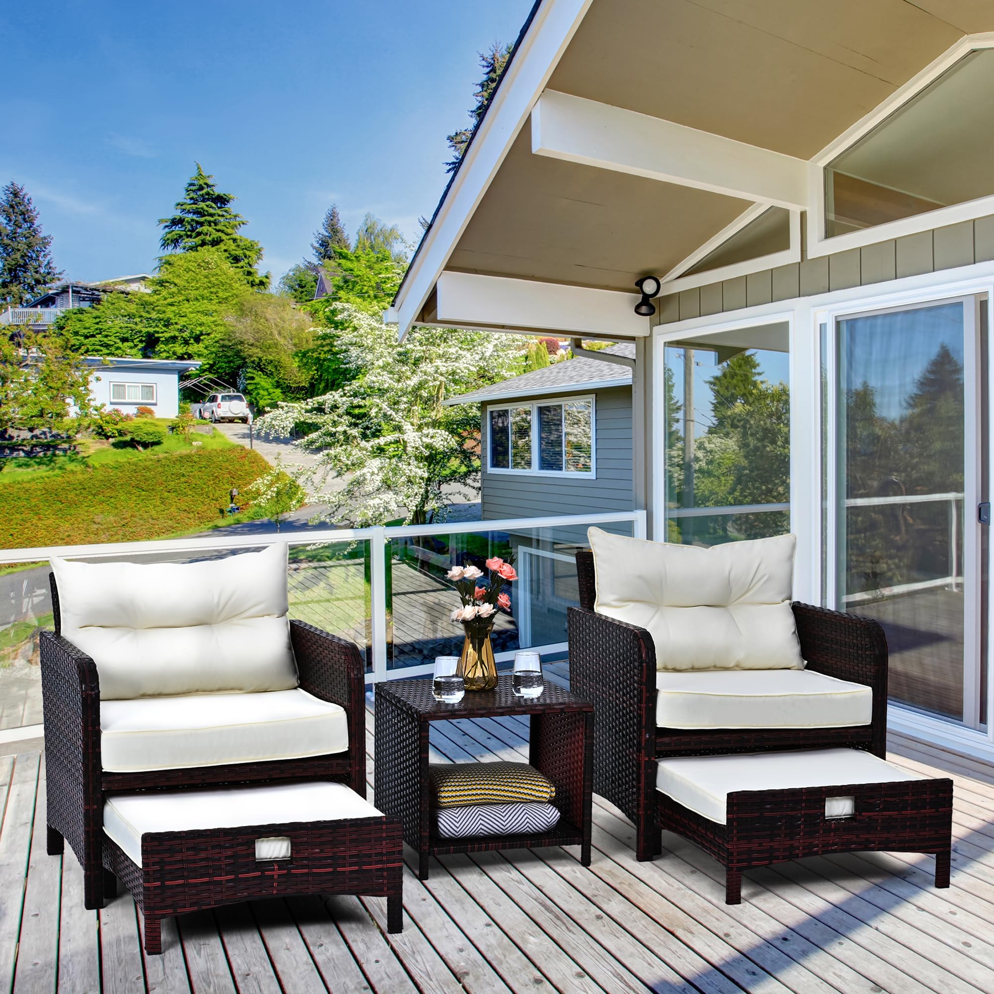 Pamapic 5-Piece Rattan Patio Furniture Set with Ottomans & Coffee Table - PE Wicker Outdoor Chairs for Poolside, Porch, Garden, Balcony, Lawn - Beige | Perfect for Relaxing, Entertaining & Outdoor Dining