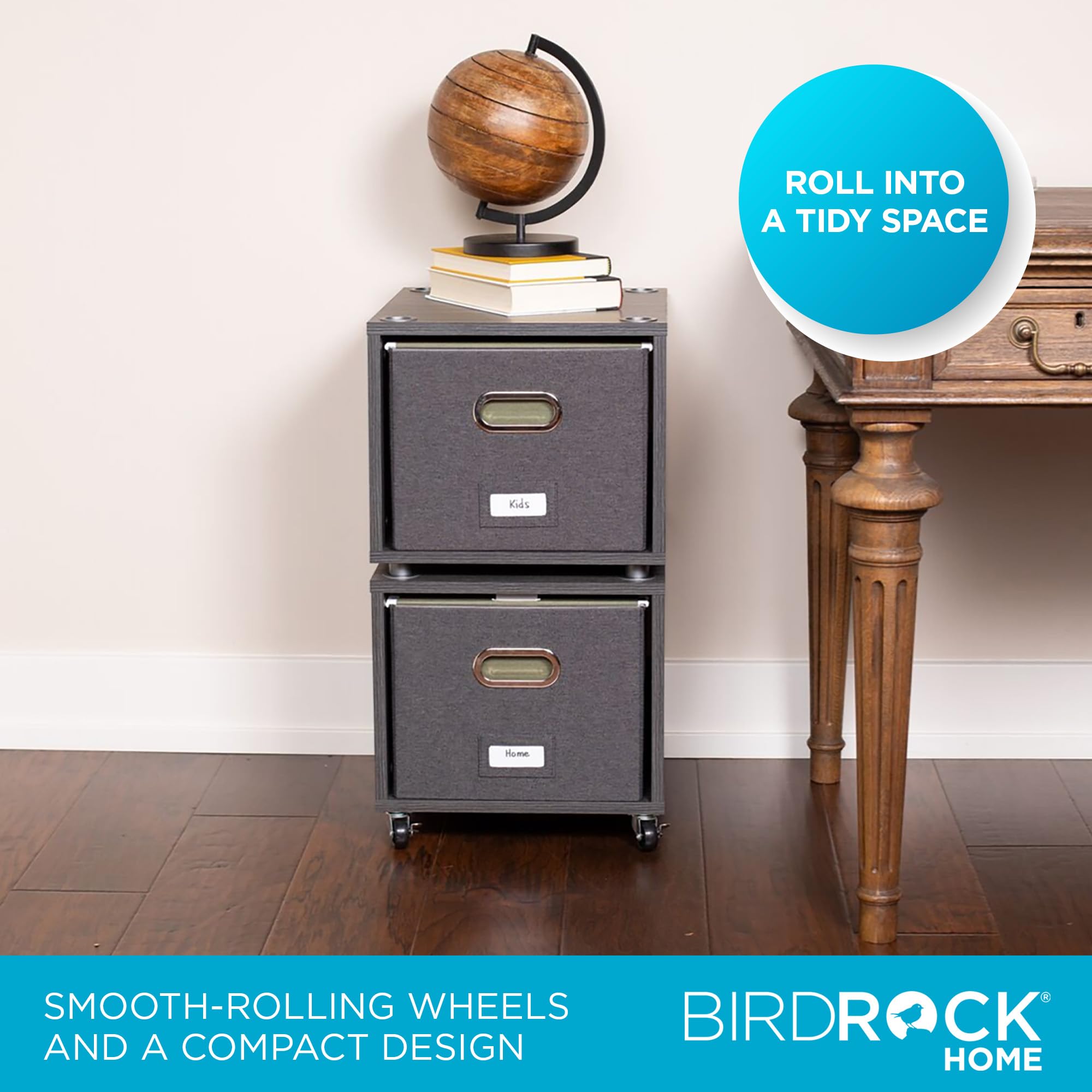 BIRDROCK HOME Rolling File Cabinet with Removable Bins - Modern Gray Storage Shelf with 2 Lateral Drawers, Wheels & Handles - Perfect for Organizing Office Files, Books, Toys | Under Desk Storage Solution for Home & Office Workspace