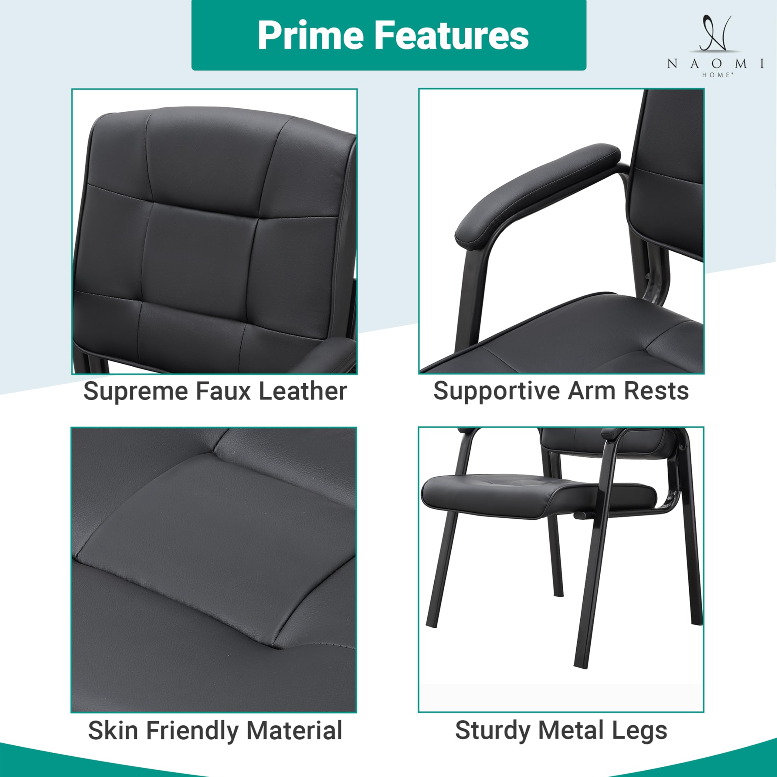 Naomi Home 2-Piece Heavy Duty Leather Executive Waiting Room Chairs Set - Black - Padded Armrest Lobby Reception Chairs for Office, Clinic, Hotel, and Conference Room Guest Seating