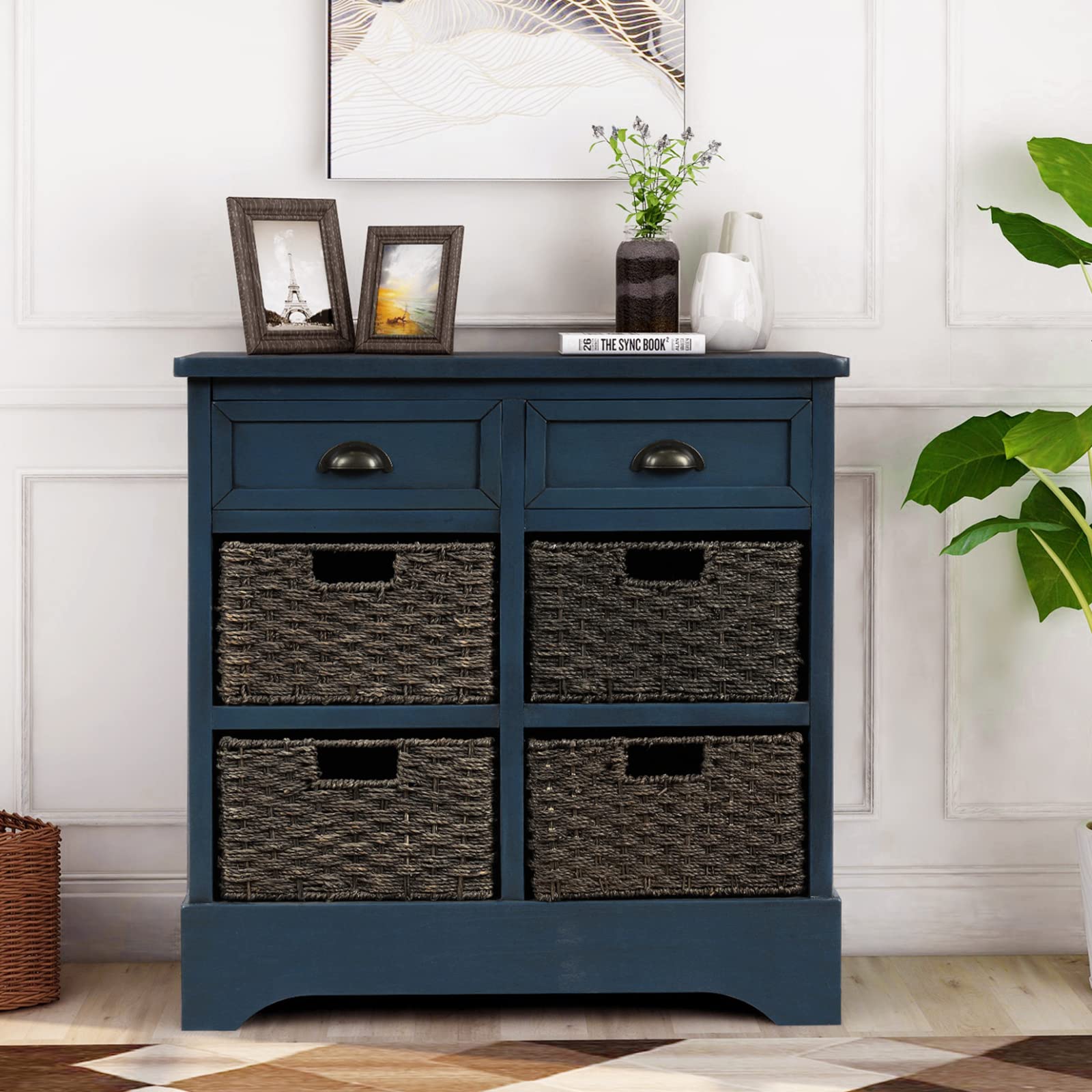 STEPHI Wicker Storage Cabinet Console Table with 2 Drawers & 4 Rattan Baskets, Solid Wood Entryway Furniture for Kitchen, Living Room, Office - Antique Navy | Hallway Organizer, Sofa Side Table, Dining Room Storage Solution