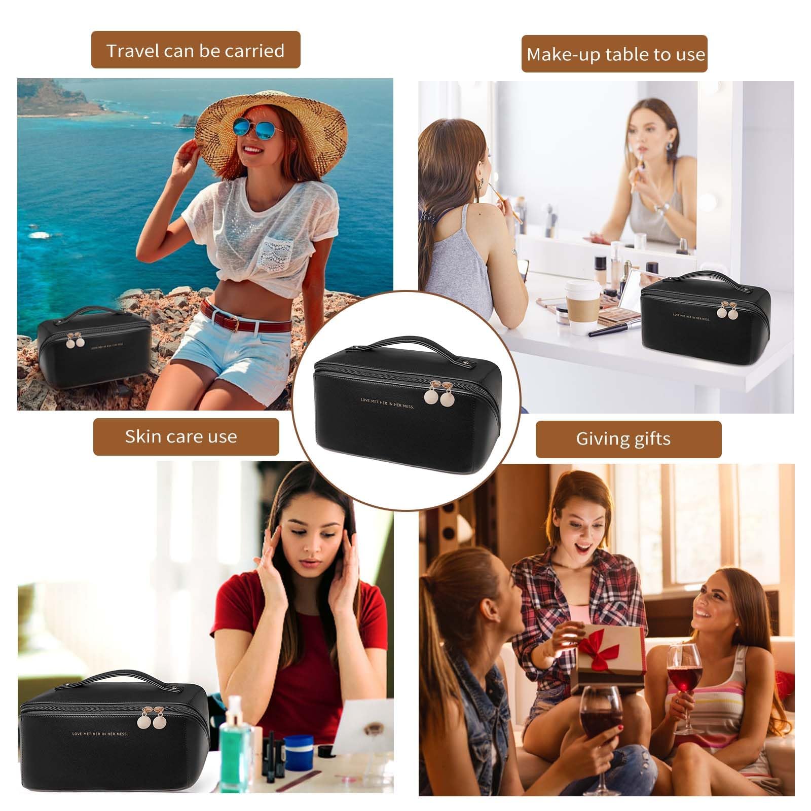 Waterproof PU Leather Travel Makeup Bag for Women - Large Capacity Cosmetic Organizer with Dividers & Handle, Wide Open Flat Toiletry Case | Perfect for Air Travel, Gym, Vacation & Daily Use