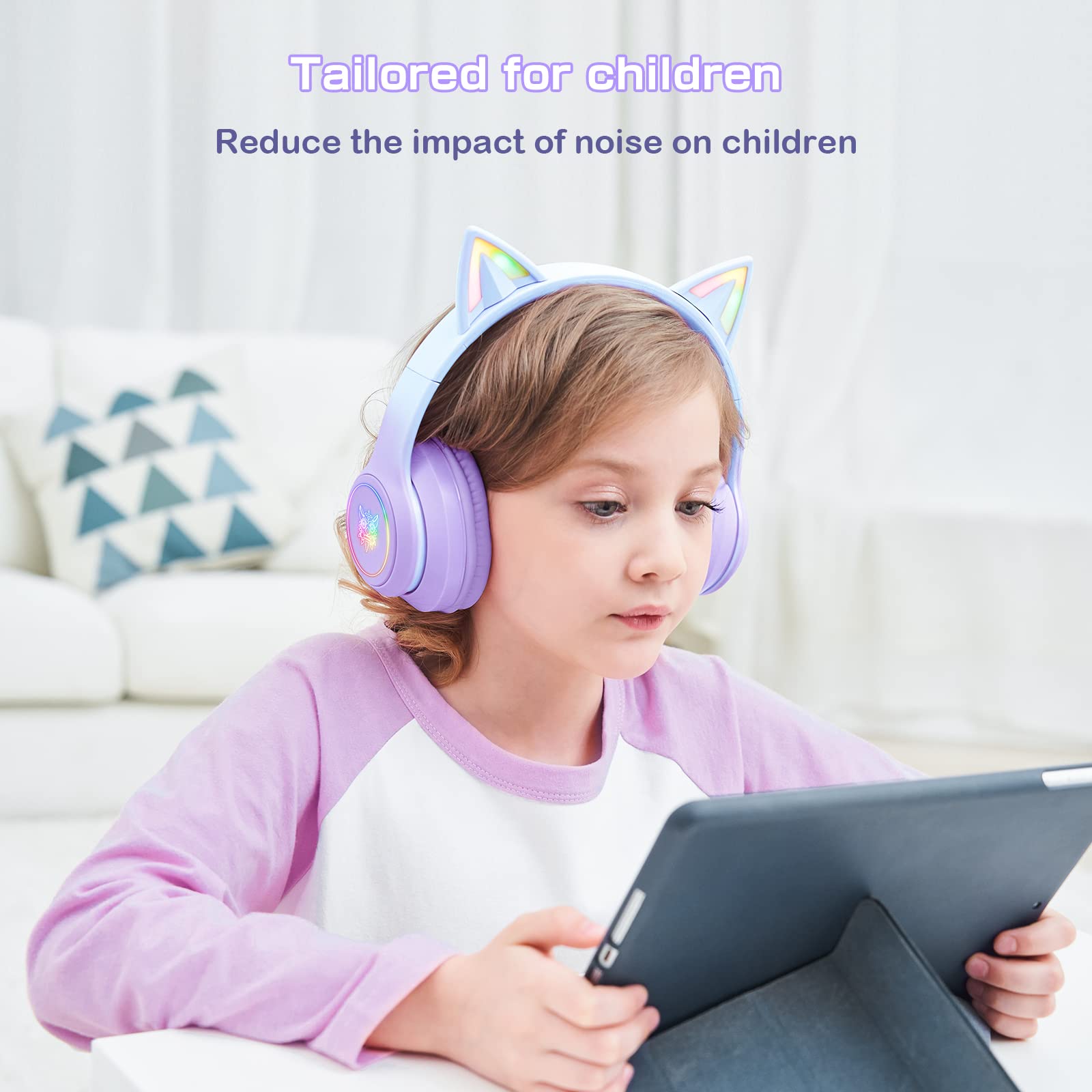 Wireless Bluetooth Cat Ear Headphones for Kids & Adults - Foldable Over-Ear Headset with Mic, RGB LED Lights & Clear Sound - Compatible with Phone/Laptop/PC/Tablet - Perfect for Gaming, School & Travel - Purple