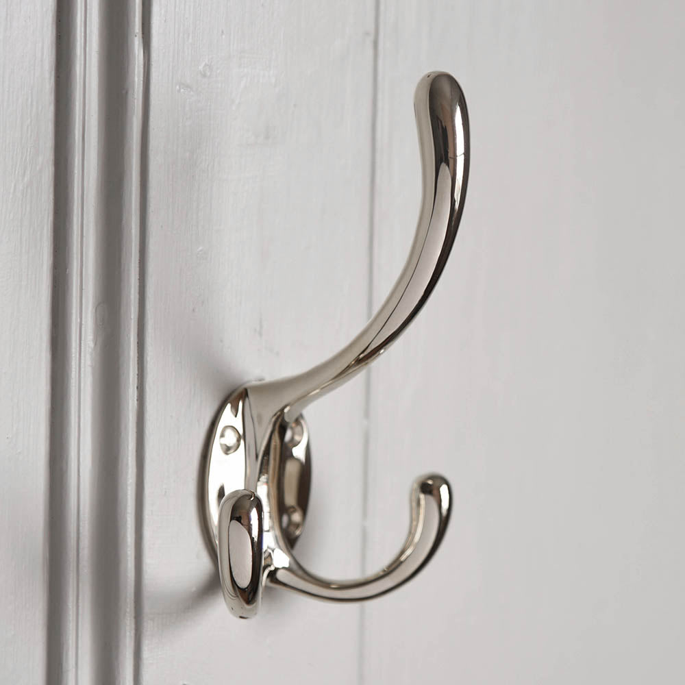 Polished Nickel Triple Hat & Coat Hook - Large Wall Mounted Hooks for Entryway, Bathroom & Bedroom Organization