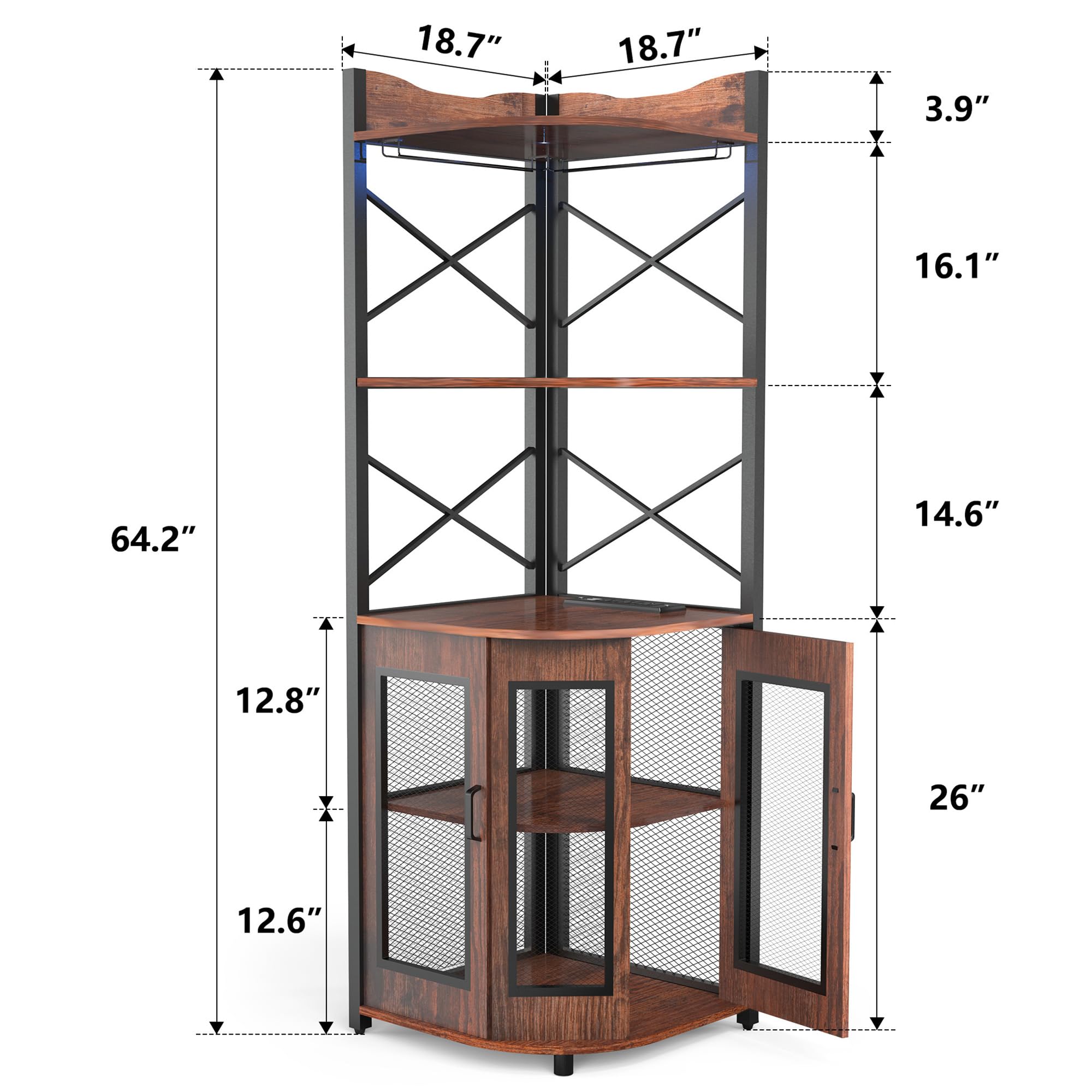Industrial 5-Tier Corner Bar Cabinet with LED Lights & Power Outlet - Adjustable Shelves, Glass Holder & Mesh Door - Space-Saving Liquor Storage for Home, Office or Restaurant Use