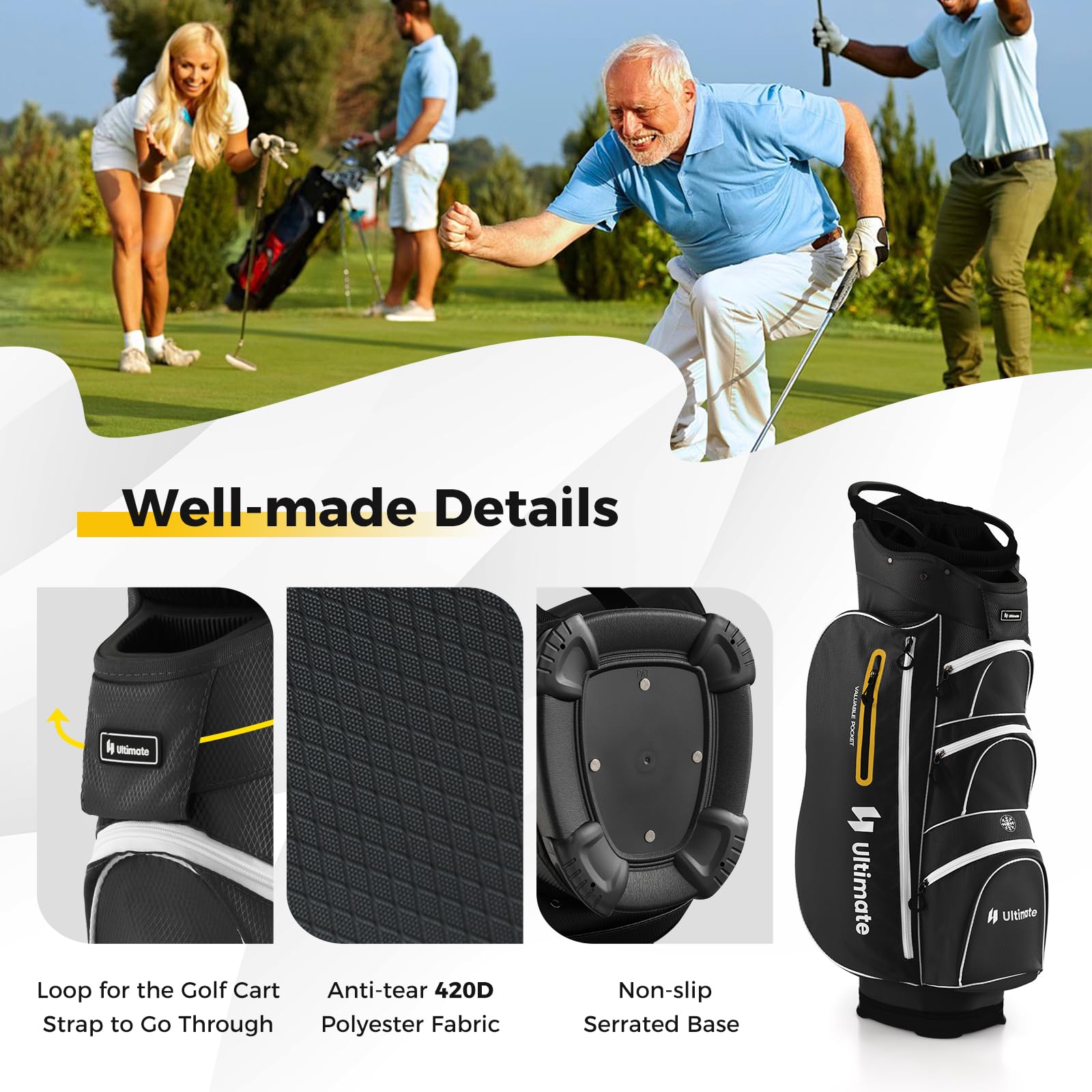ULTIMATE Golf Cart Bag with 15-Way Top Dividers - Lightweight Portable Golf Club Organizer with Individual Putter Holder, 7 Storage Pockets, Built-in Cooler Bag, Rain Hood, Umbrella Holder & Comfortable Shoulder Strap - Perfect for Golf Tournaments, Driving Range Practice & Weekend Golf Outings