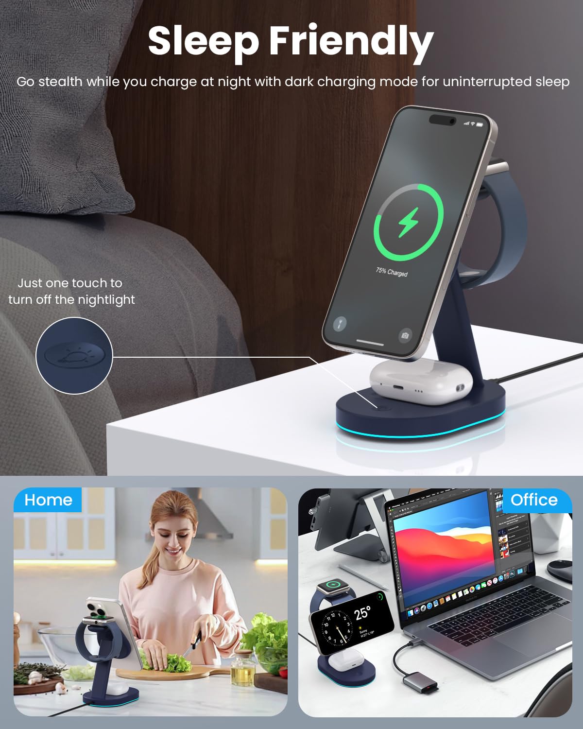 3-in-1 Wireless Charging Station with Qi2 Certified 15W Magnetic Stand - Fast Charger for iPhone 16/15/14/13/12, Apple Watch & AirPods - Includes 30W USB-C Adapter & Night Light - Perfect for Bedside, Office & Travel Charging