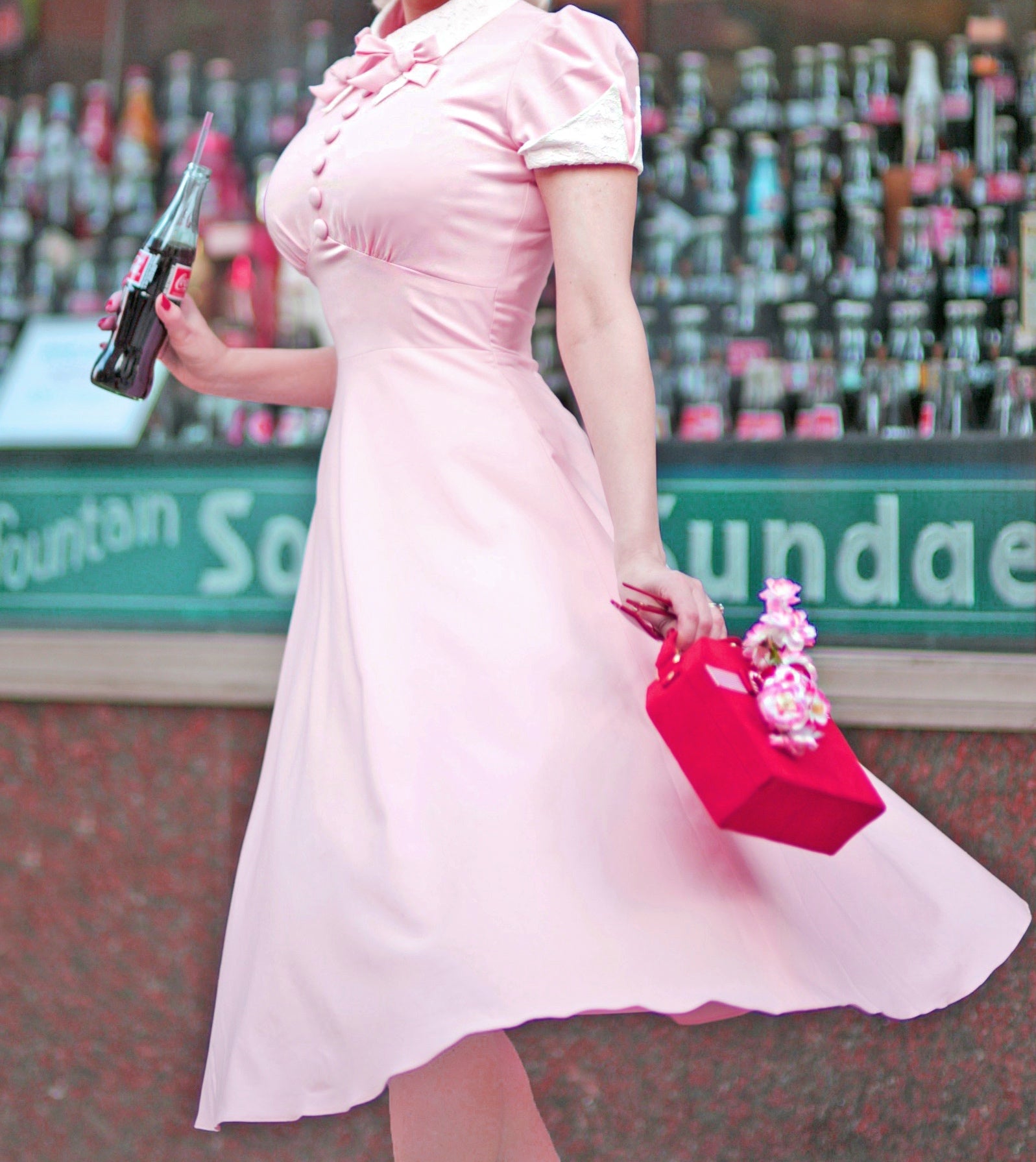 Vintage 1950s Pink Bow Dress with White Lace - Retro Swing Dress for Women | Perfect for Tea Parties, Weddings & Special Occasions