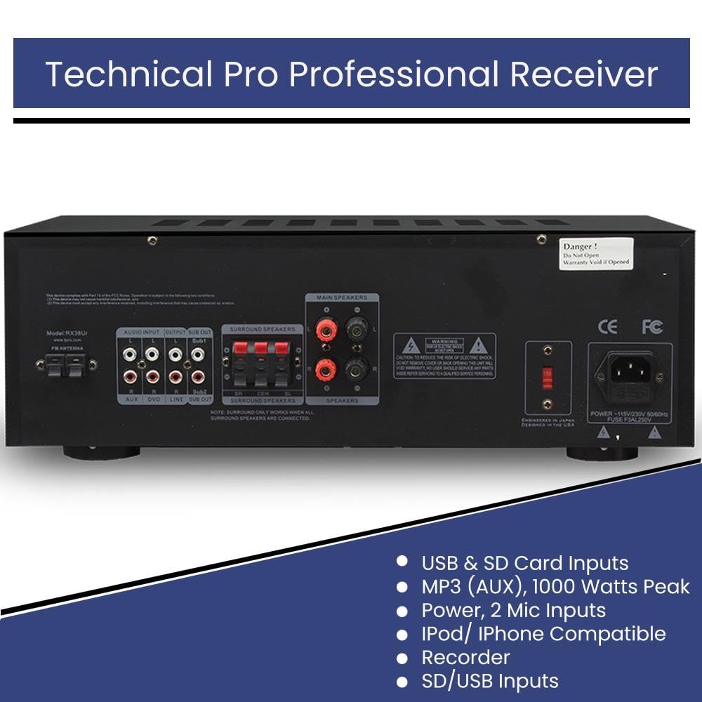 Technical Pro 1000W Professional Home Theater Receiver System with USB/SD Inputs & 2 Pairs of 5.25