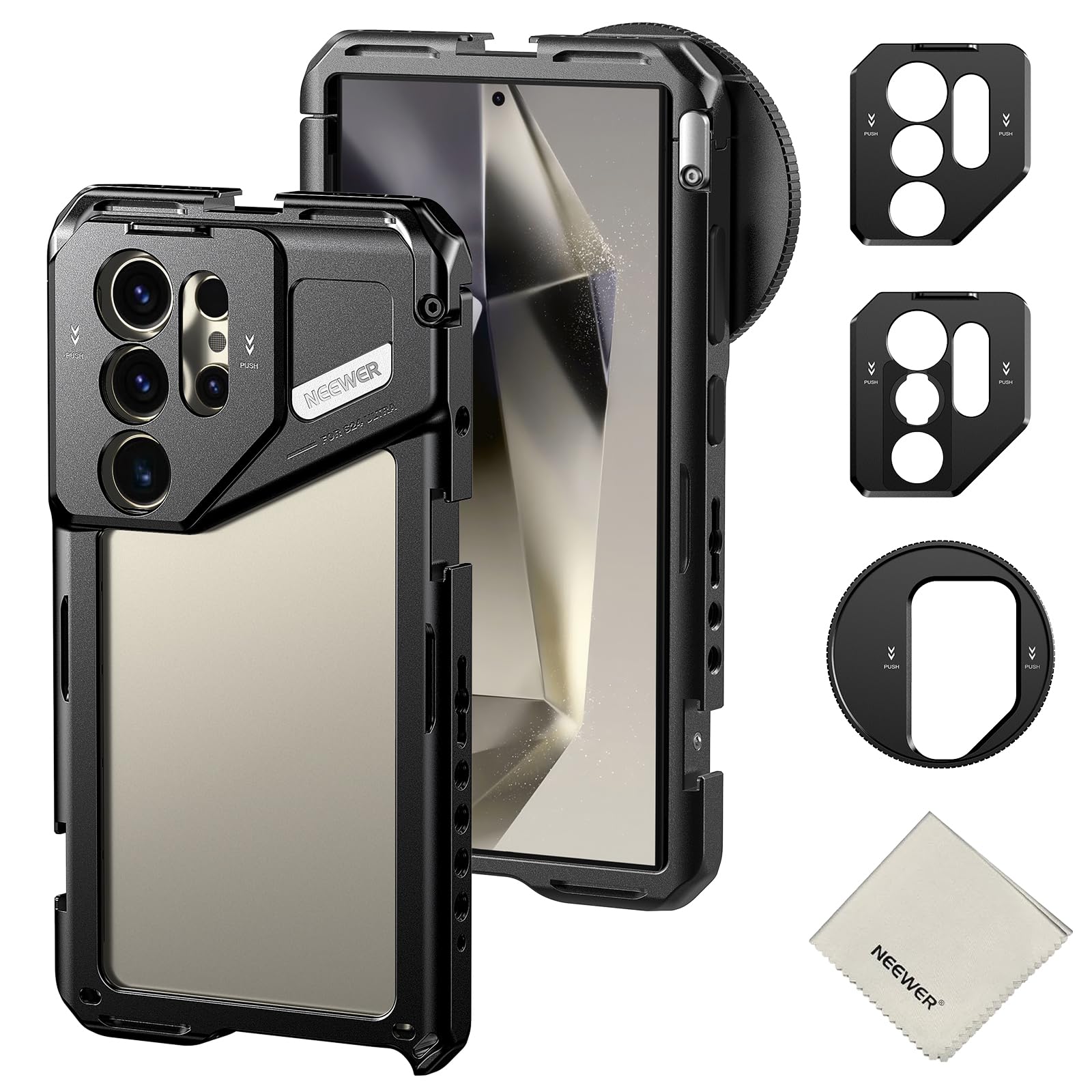 Neewer S24 Ultra Phone Cage with 67mm Filter Adapter - 17mm Lens Backplate & T Mount Adapter - Smartphone Video Rig Stabilizer for Samsung Moment T Series Lenses - Includes Cleaning Cloth - Perfect for Vlogging, Filmmaking & Mobile Photography (Model: PA042)