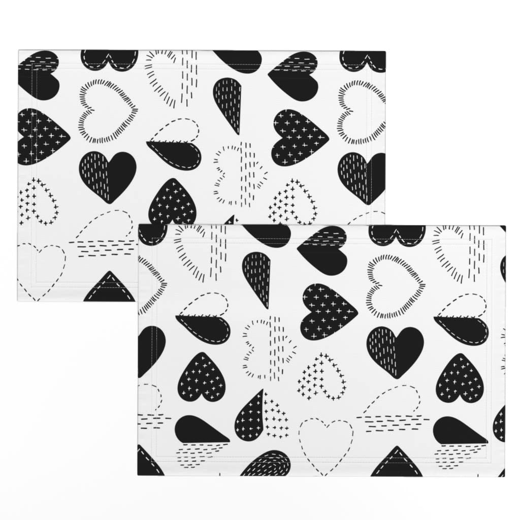 Spoonflower Linen Cotton Canvas Placemats Set of 2 - Black White Heart Valentine's Day Love Japanese Print Table Mats for Dining Decor, Kitchen Table Setting, and Romantic Dinner Parties