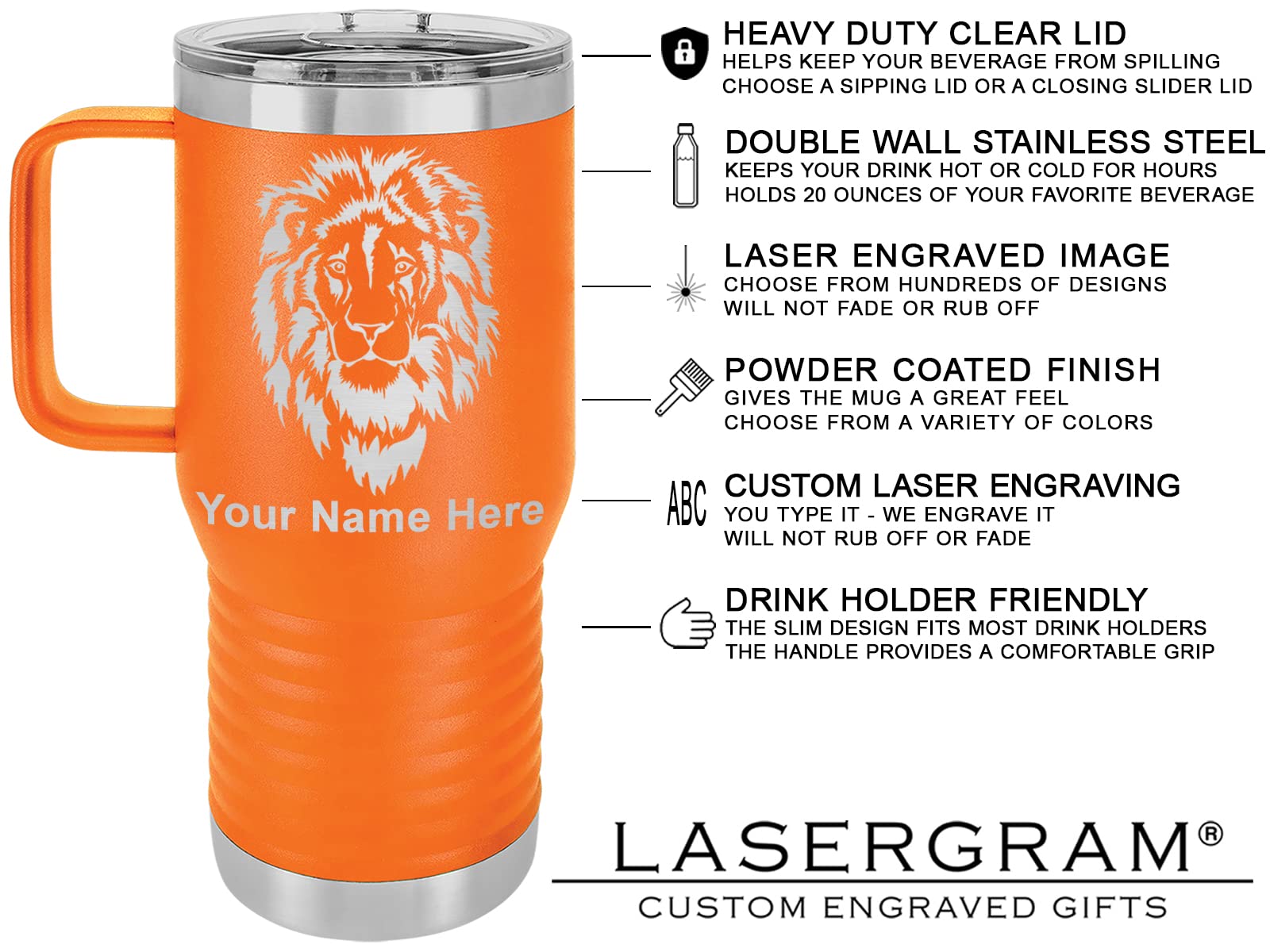 20oz Vacuum Insulated Stainless Steel Travel Mug with Handle - Custom Engraved Tennis Player Design - Keeps Drinks Hot/Cold for Hours - Perfect Gift for Women Athletes & Coffee Lovers (Orange) - Ideal for Gym, Work, Tennis Matches & Outdoor Activities