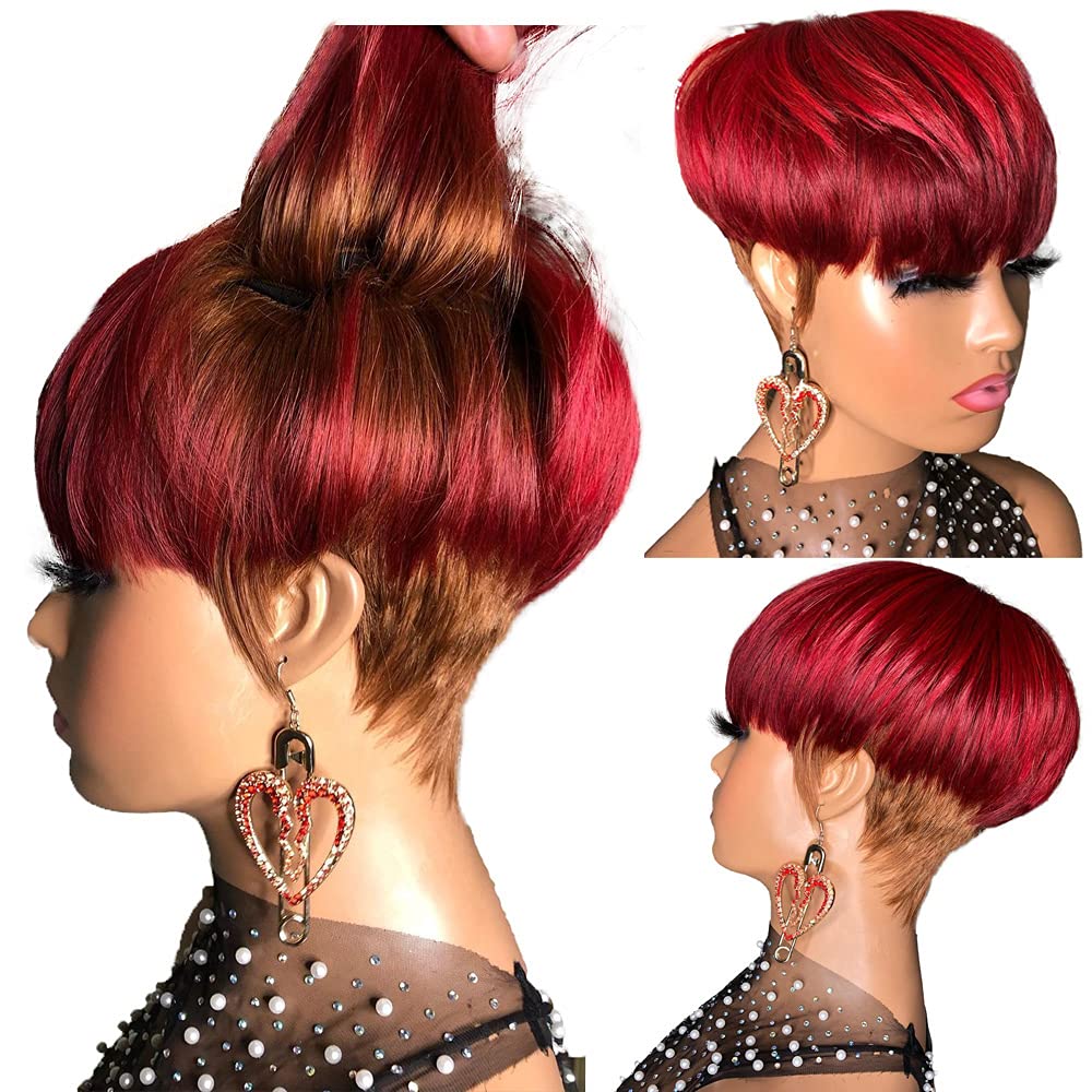 Pixie Cut Short Bob Wig with Bangs - Brazilian Remy Human Hair Ombre Glueless Machine Made Wig for Women - 8 Inch 130% Density - Perfect for Daily Wear, Cosplay & Special Occasions