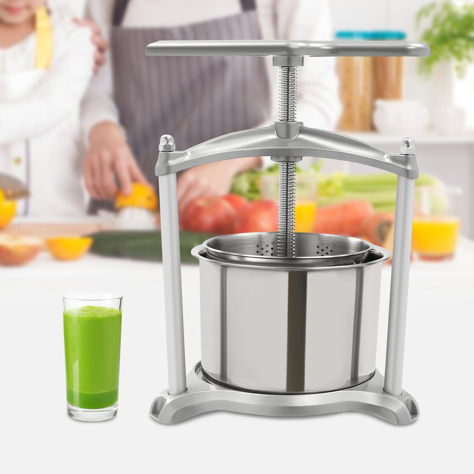 Stainless Steel 4L/1.06 Gallon Manual Fruit Wine Press & Cider Press with Dual Barrels - Juice Maker for Apples, Grapes, Berries - Perfect for Homemade Wine, Cider, Honey & Olive Oil Making at Home