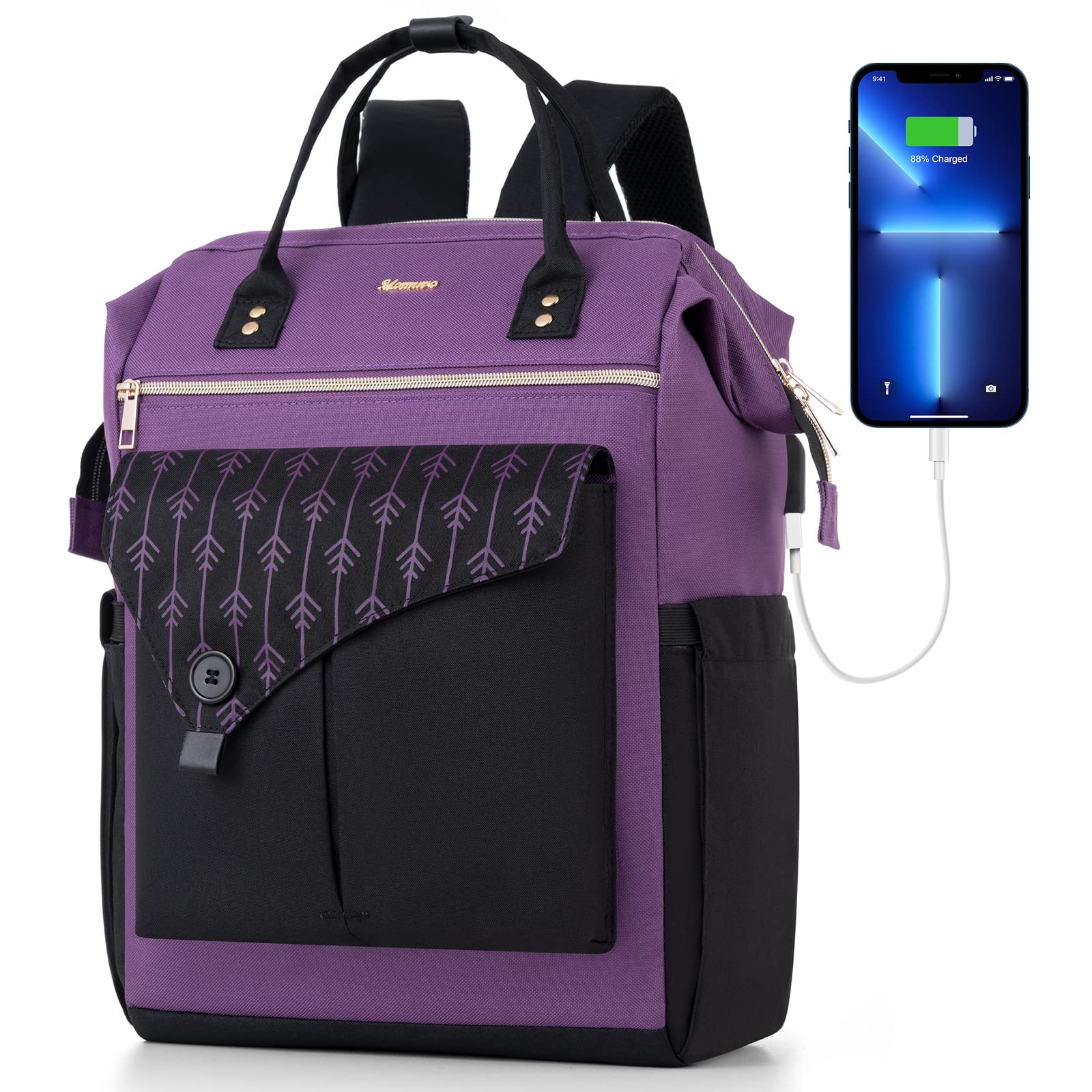 Stylish MOMUVO Women's Laptop Backpack with USB Charging Port - Water Resistant 17-Inch Computer Bag for Work, School & Travel - Perfect for Students, Teachers, Doctors & Nurses (Purple/Black) - Ideal for Commuting, Business Trips & College Campus Use