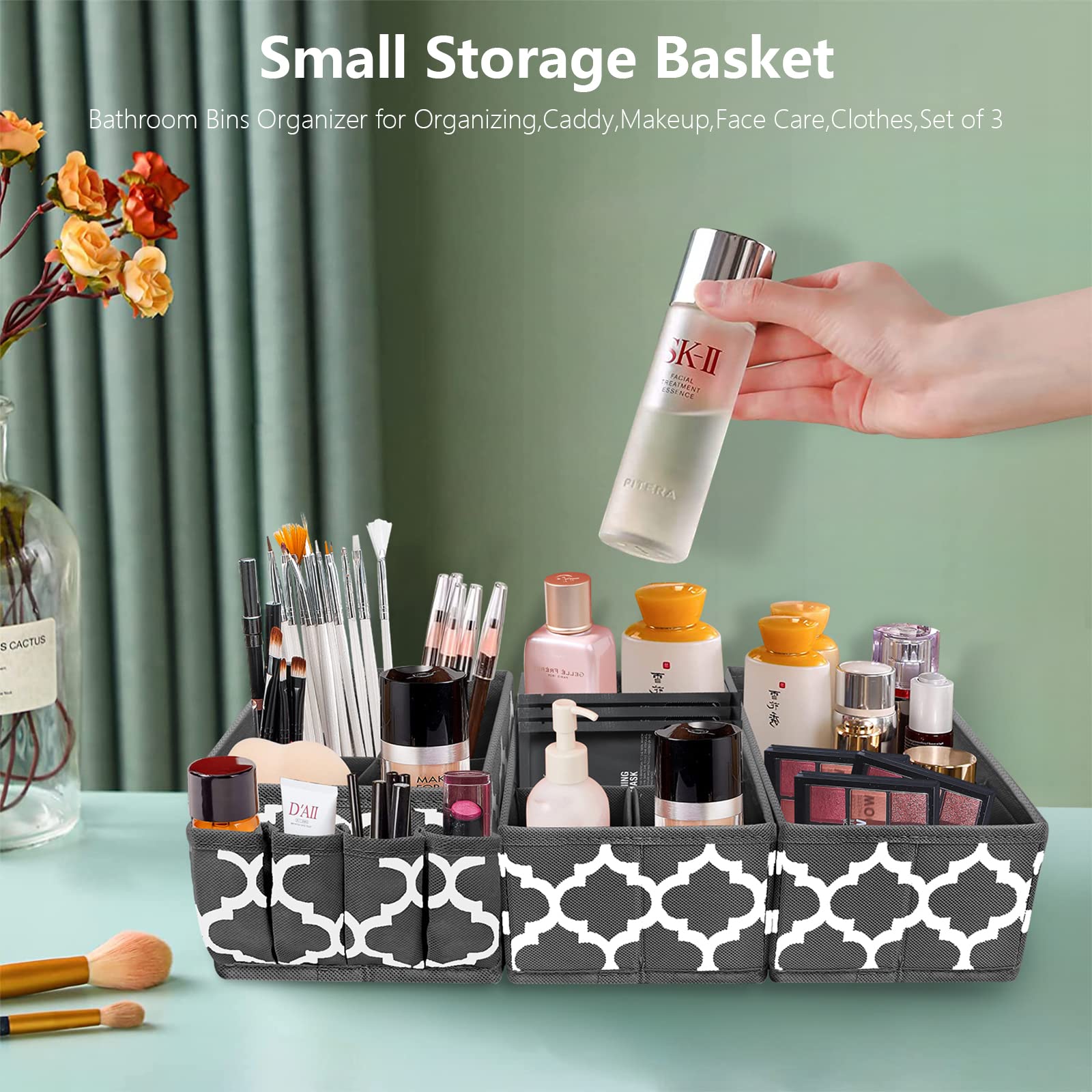 Homyfort Makeup Basket Organizer - 3-Piece Set of Foldable Fabric Cosmetic Storage Bins with Dividers | Portable Vanity, Bathroom Counter & Office Organization | Grey