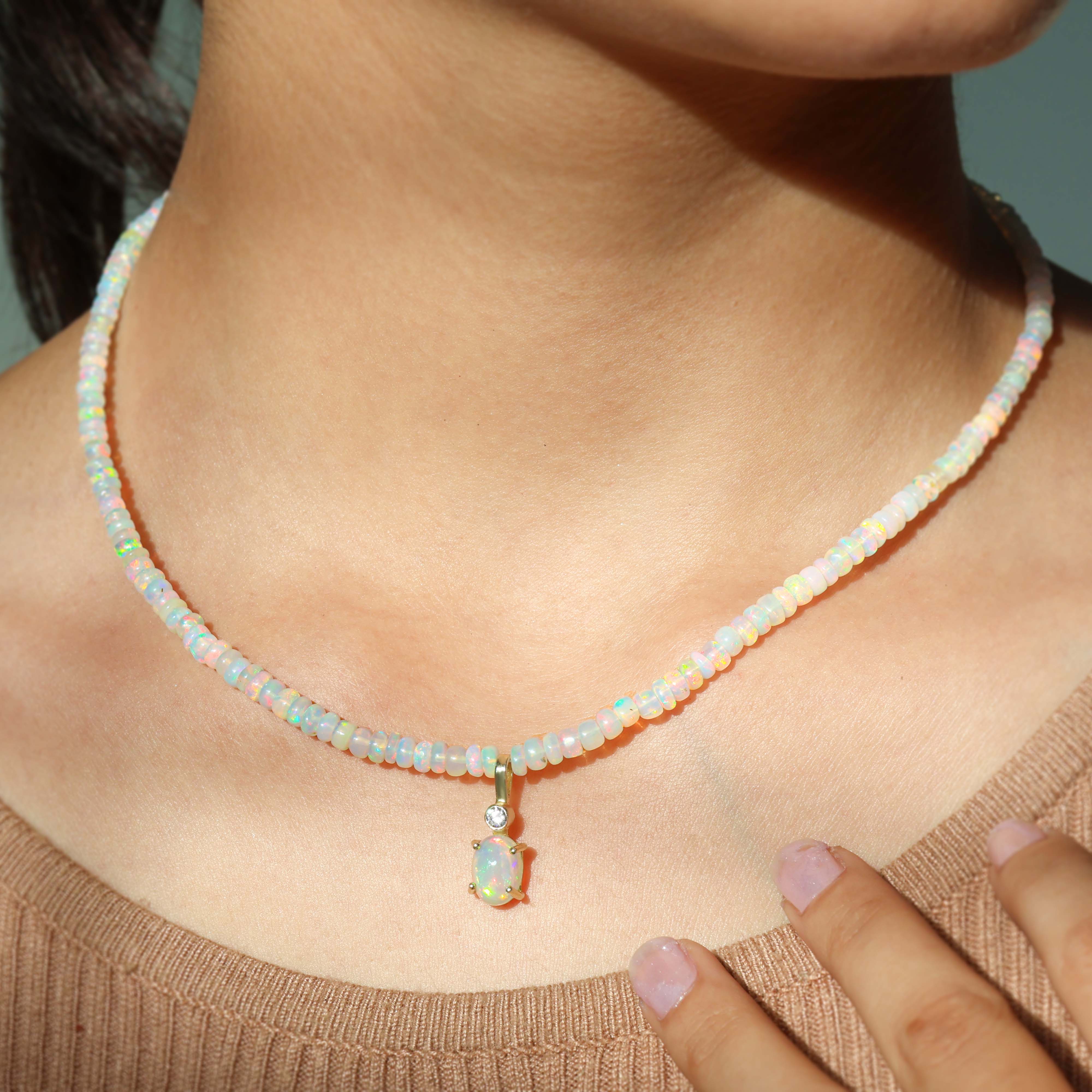 Natural White Opal Oval Pendant Necklace with Zircon Beads – Elegant Jewelry for Women, Perfect for Weddings, Parties & Special Occasions