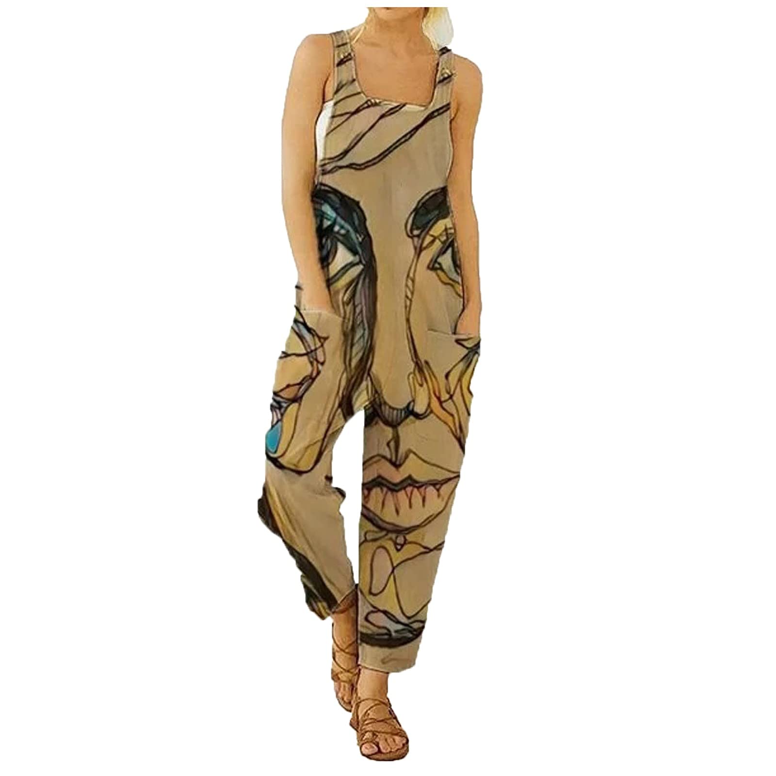 WOCACHI Women's Boho Sleeveless Jumpsuit - Summer Casual Suspender Romper with Pockets | Bohemian Style Overalls for Beach, Music Festivals & Outdoor Adventures
