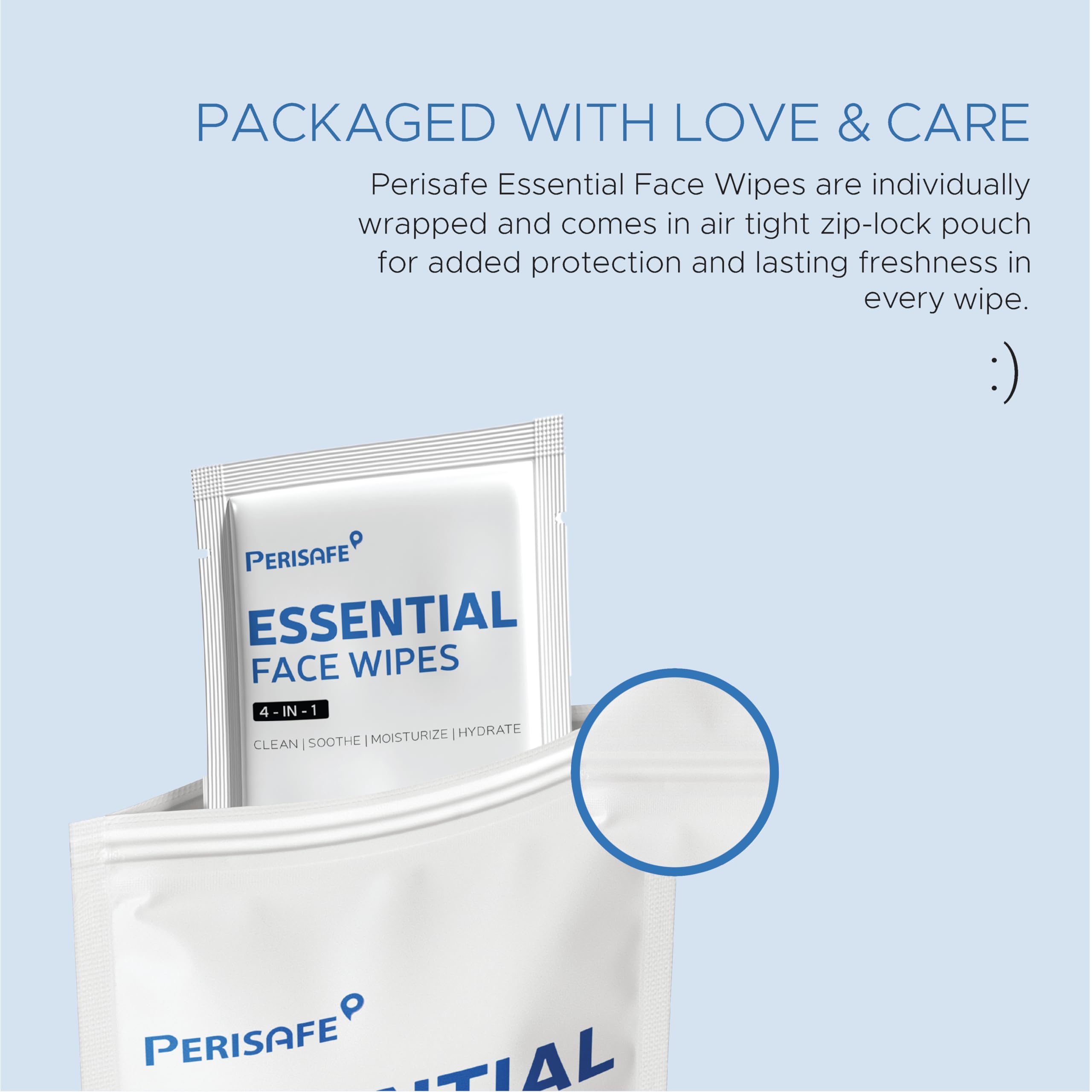 PERISAFE Essential Face Wipes - 4-IN-1 pH Balanced Cleansing Wipes for Sensitive Skin | Alcohol-Free, Paraben-Free, Silicone-Free | Individually Wrapped Travel Pack of 30 | Perfect for Gym, Travel & On-the-Go Skincare
