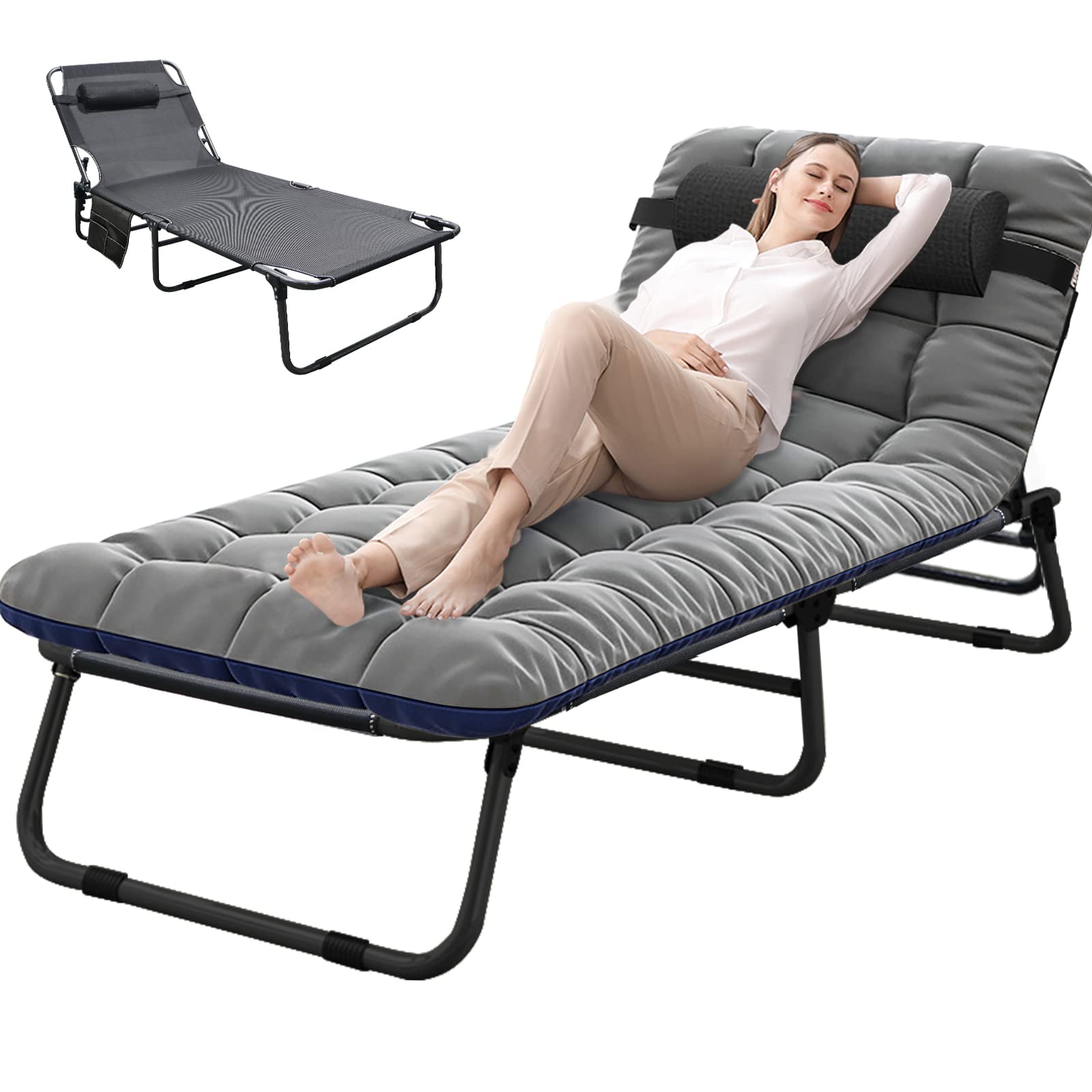 Barbella Folding Lounge Chair - Adjustable 4-Position Reclining Chaise with Pillow, Portable Outdoor Camping Chair for Adults - Perfect for Poolside Relaxation, Beach Lounging, Patio Sunbathing & Backyard Camping