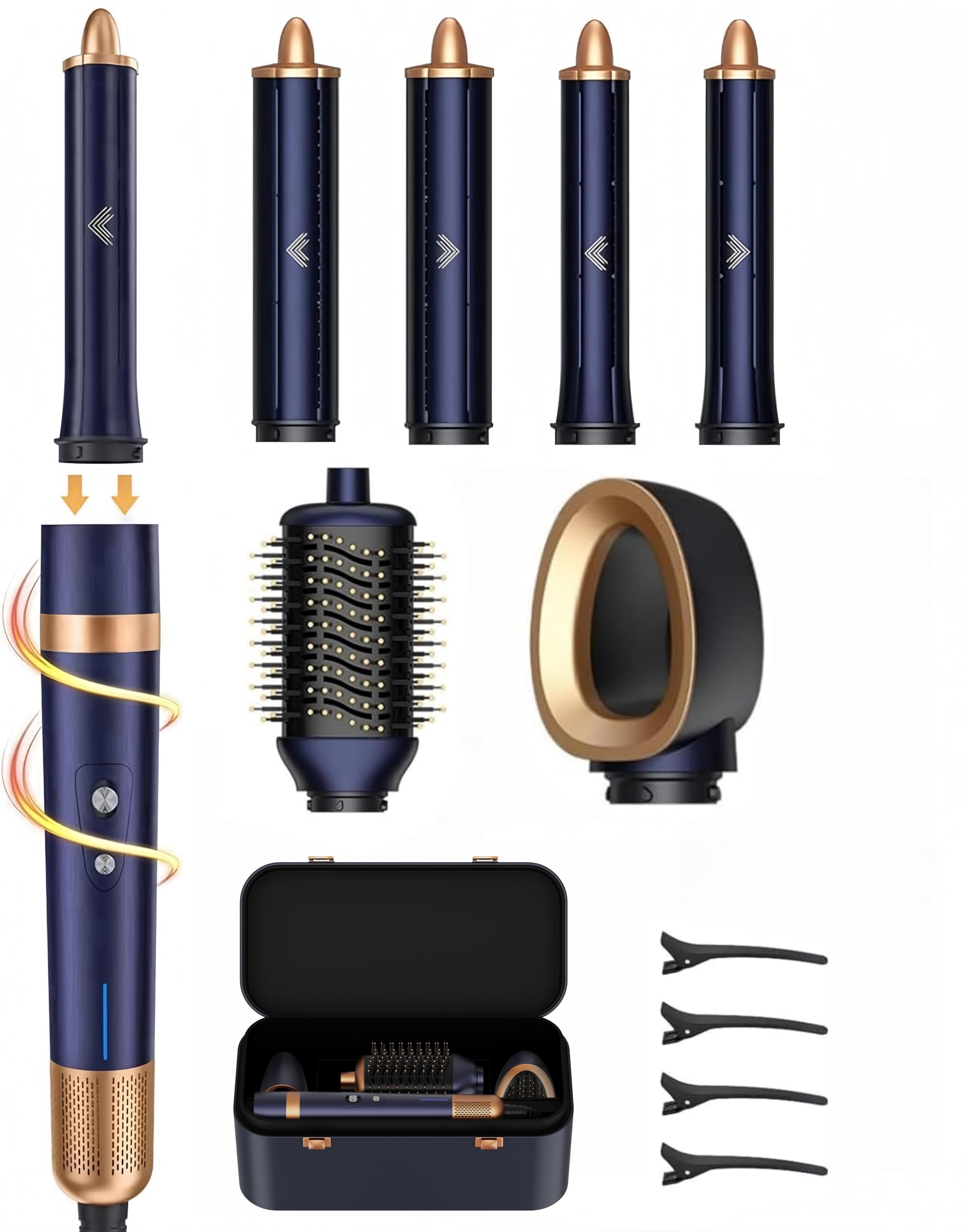 Professional T-GOGO 6-in-1 Hot Air Hair Styler & Blow Dryer Brush - Ionic Hair Dryer with Auto-Wrap Technology for Frizz-Free, Heat-Protect Styling (Dark Blue) | Perfect for Home Use, Travel & Salon-Quality Results