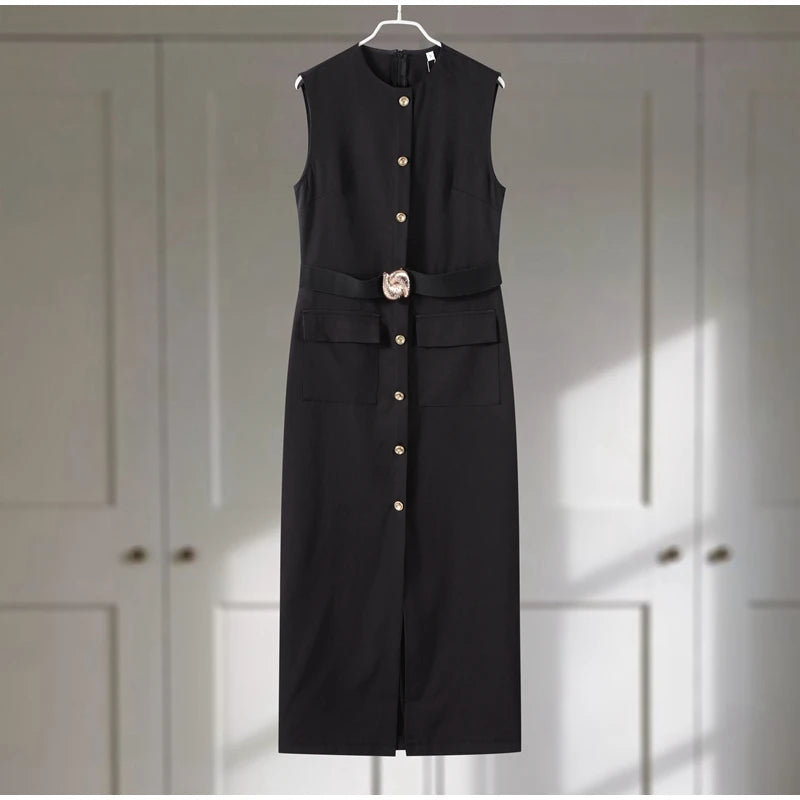 Elegant Split Neck Sleeveless Women's Maxi Dress with Waist Cincher & Pockets - Summer Beach Party, Wedding Guest, Vacation Outfit