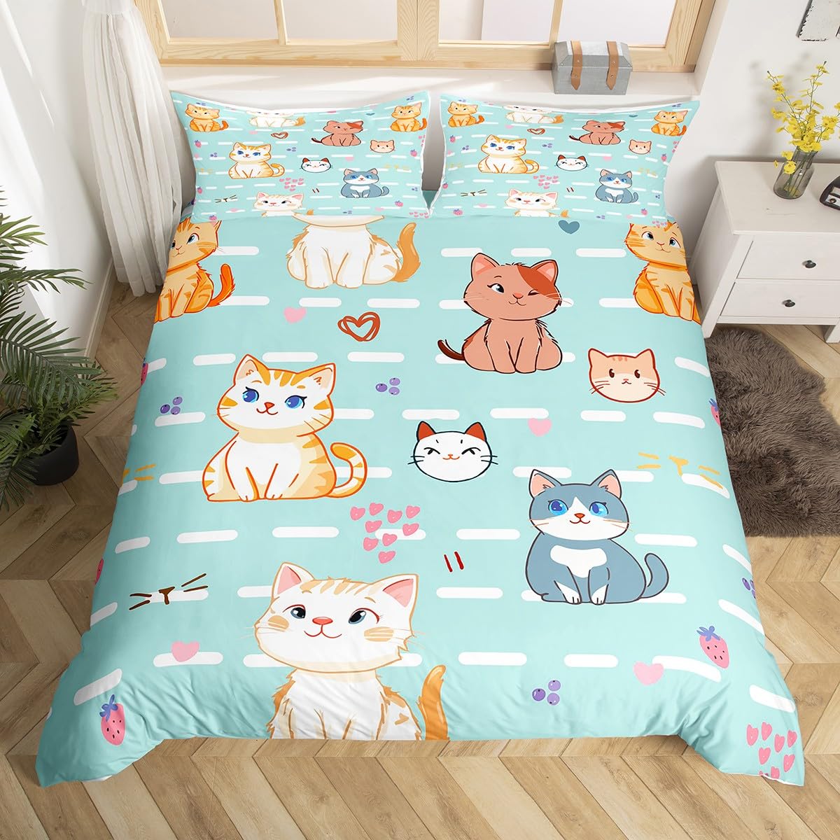 Cute Cartoon Cat Duvet Cover Set - Kawaii Kitten Print Twin Size Bedding for Kids, Boys & Girls | Pink Heart Strawberry Design for Cat Lovers | Includes 1 Pillowcase | Perfect for Toddler Bedrooms, Sleepovers & Themed Decor
