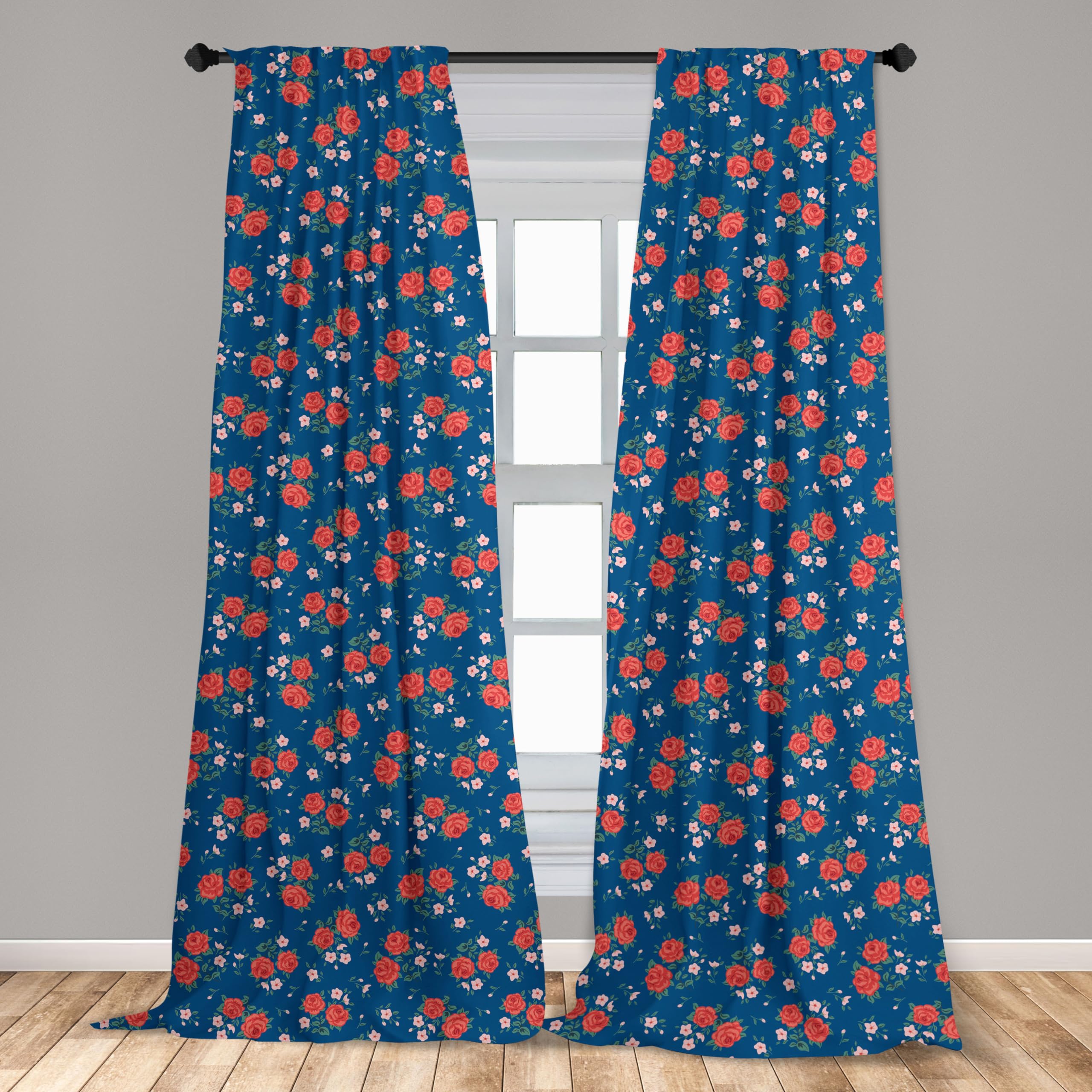 Shabby Chic Floral Window Curtains - Blue Country Style Floral Design with Fresh Picked Flowers, Lightweight 2-Panel Set (28x95 Inch) for Living Room & Bedroom - Rod Pocket Jade Green Home Decor