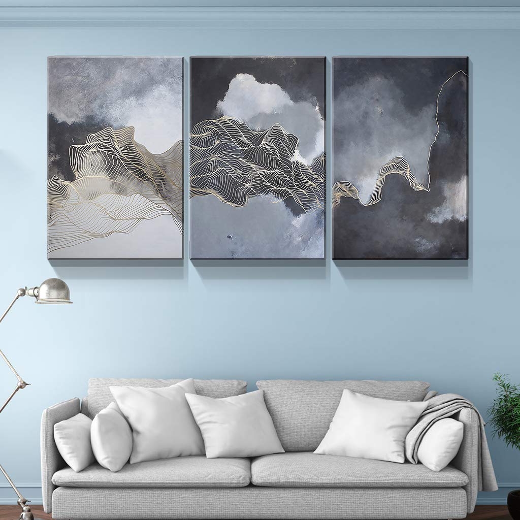 Denozer - 3 Panel Abstract Golden Line Canvas Wall Art - Stretched & Framed Ready to Hang - 24x36 Inches - Modern Home Decor for Living Room, Bedroom & Office