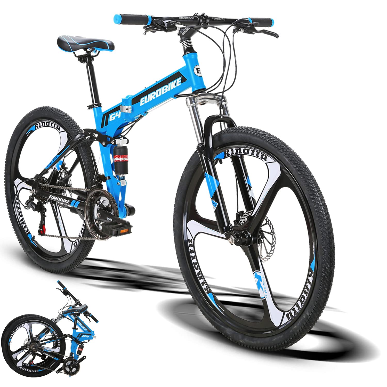 26 Inch Folding Mountain Bike for Adults - Eurobike G4 21 Speed Dual Disc Brake Full Suspension Bike for Women & Men, Foldable Commuter Bike for City Riding, Camping & Outdoor Adventures