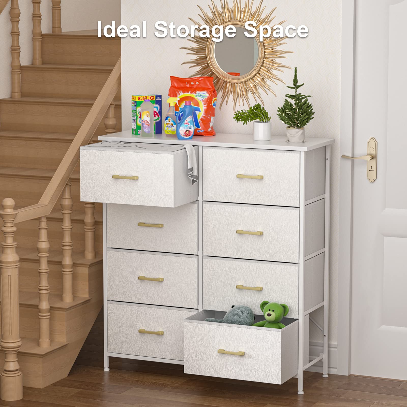 8-Drawer Tall Dresser for Bedroom - White Chest of Drawers with Sturdy Steel Frame, Fabric Bins & Wood Top - Perfect for Closet, Living Room, Nursery or Hallway Storage & Organization
