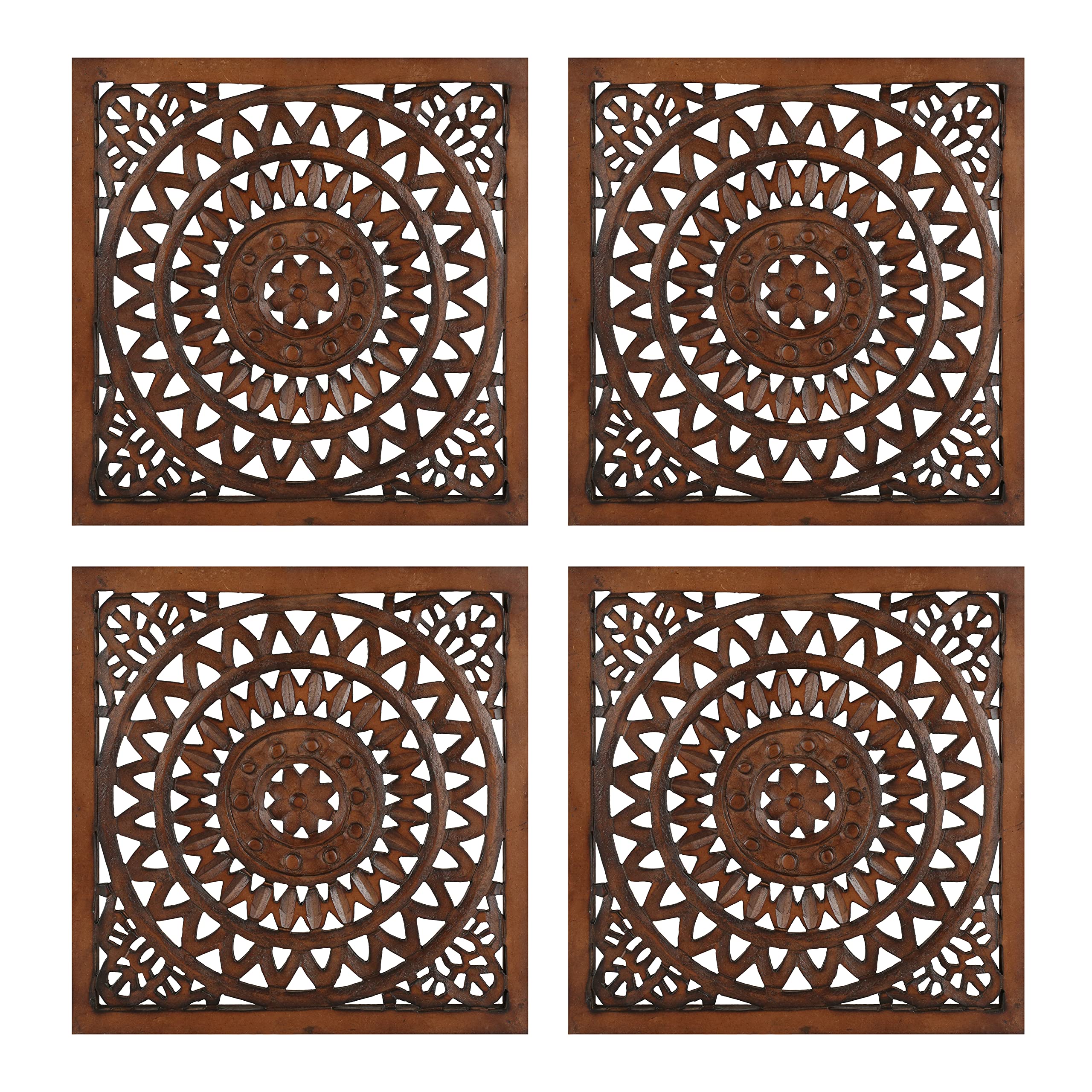Set of 4 Wooden Wall Plaques - 16x16 Inch Burnt Finish Elegant Sculpture Wall Decor for Living Room, Bedroom or Office - Handcrafted Wood Wall Art Panels for Home & Office Decoration