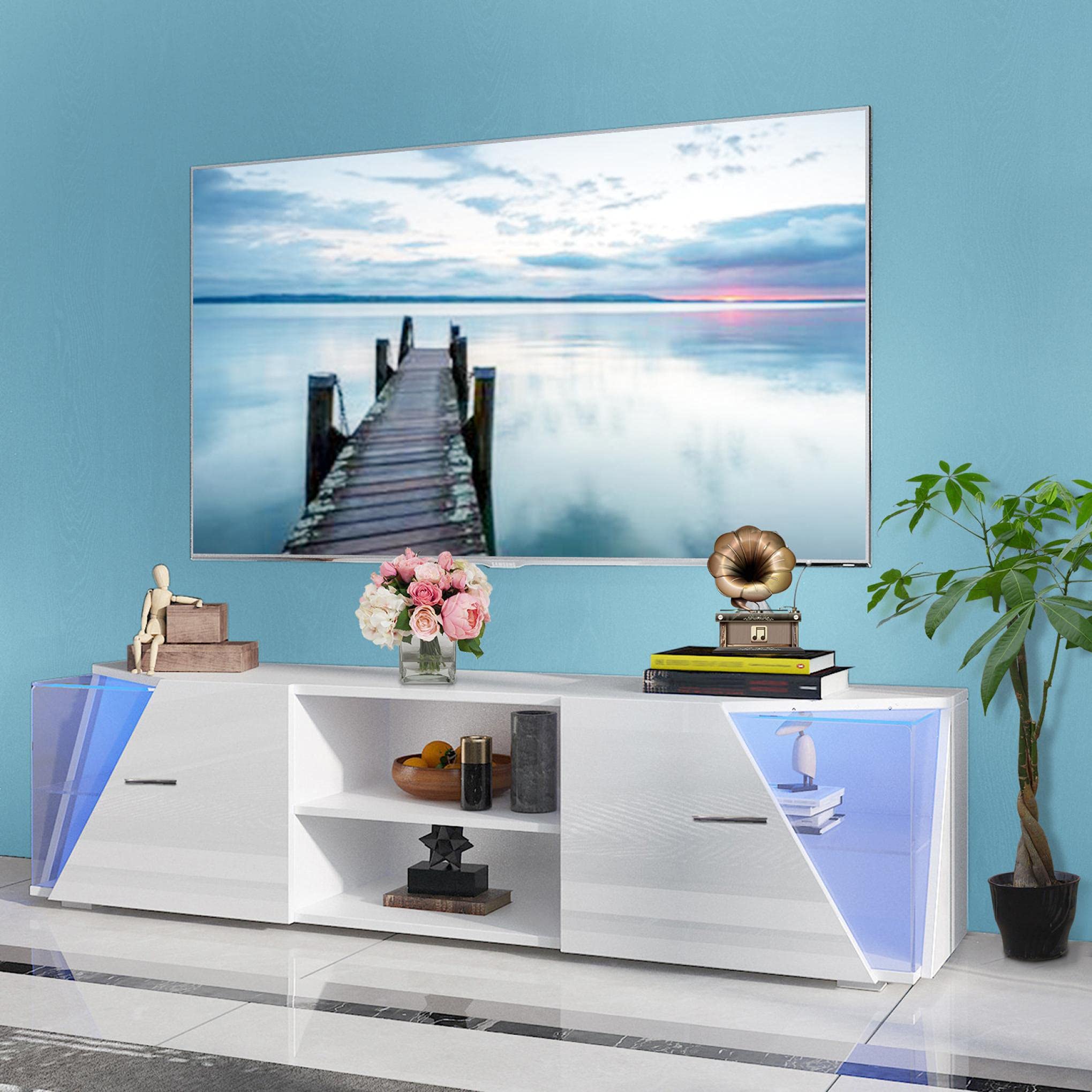 Modern TV Stand with LED Lights - High Gloss Entertainment Center Cabinet with Wine Storage & Bookshelves - White Living Room & Bedroom Furniture for TV, Books & Wine Display