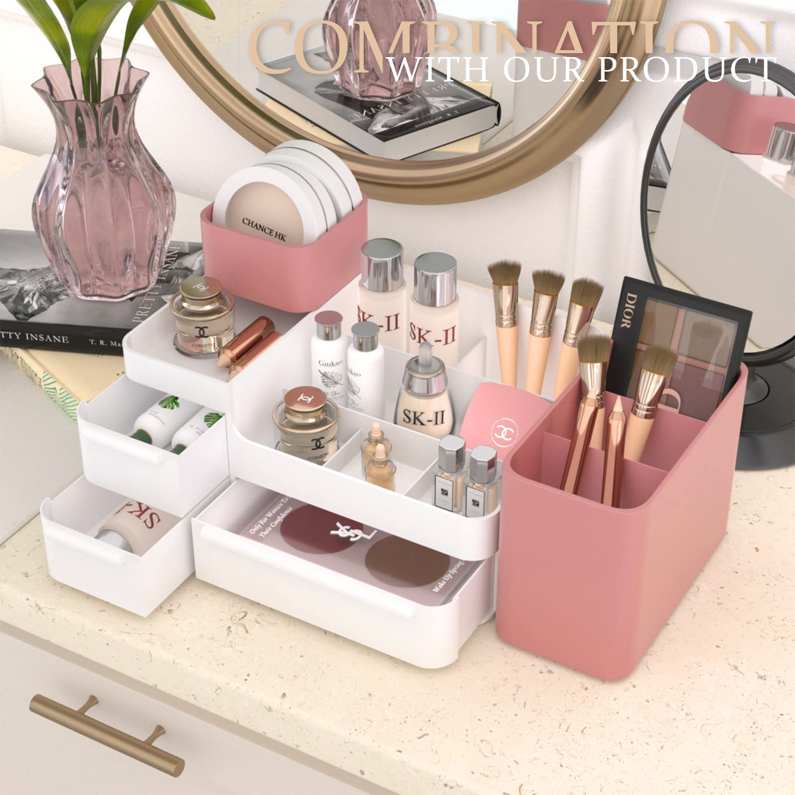 White Makeup Organizer with Drawers - Vanity Countertop Organizer for Cosmetics, Brushes, Lotions & Beauty Products | Perfect for Bathroom, Bedroom & Dressing Table Organization