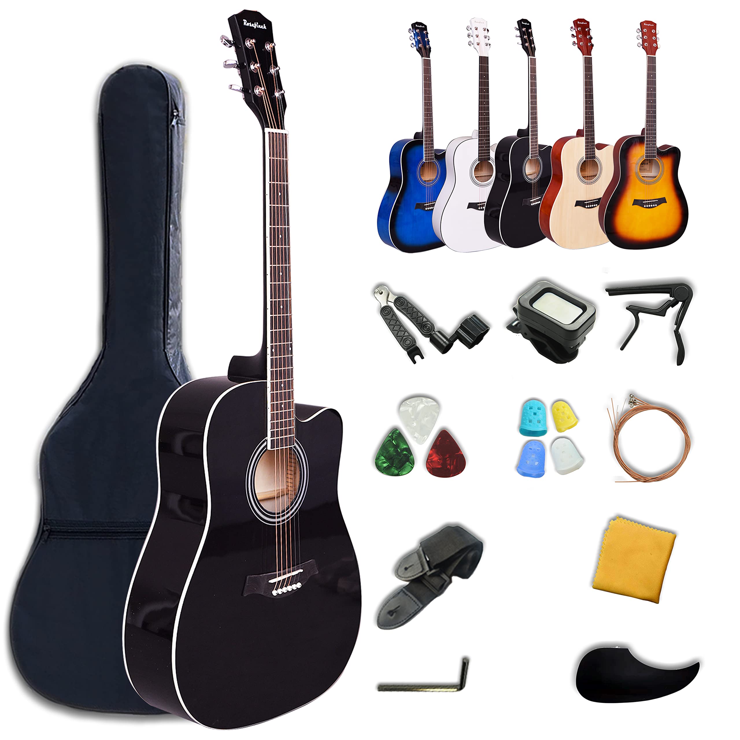 Rosefinch 41 Inch Full Size Acoustic Guitar for Beginners & Adults - 4/4 Folk Guitar with Gig Bag, Tuner, Picks, Strings, Capo, Strap & Accessories (Right Hand, Black) - Perfect for Home Practice, Campfire Jams & Music Lessons