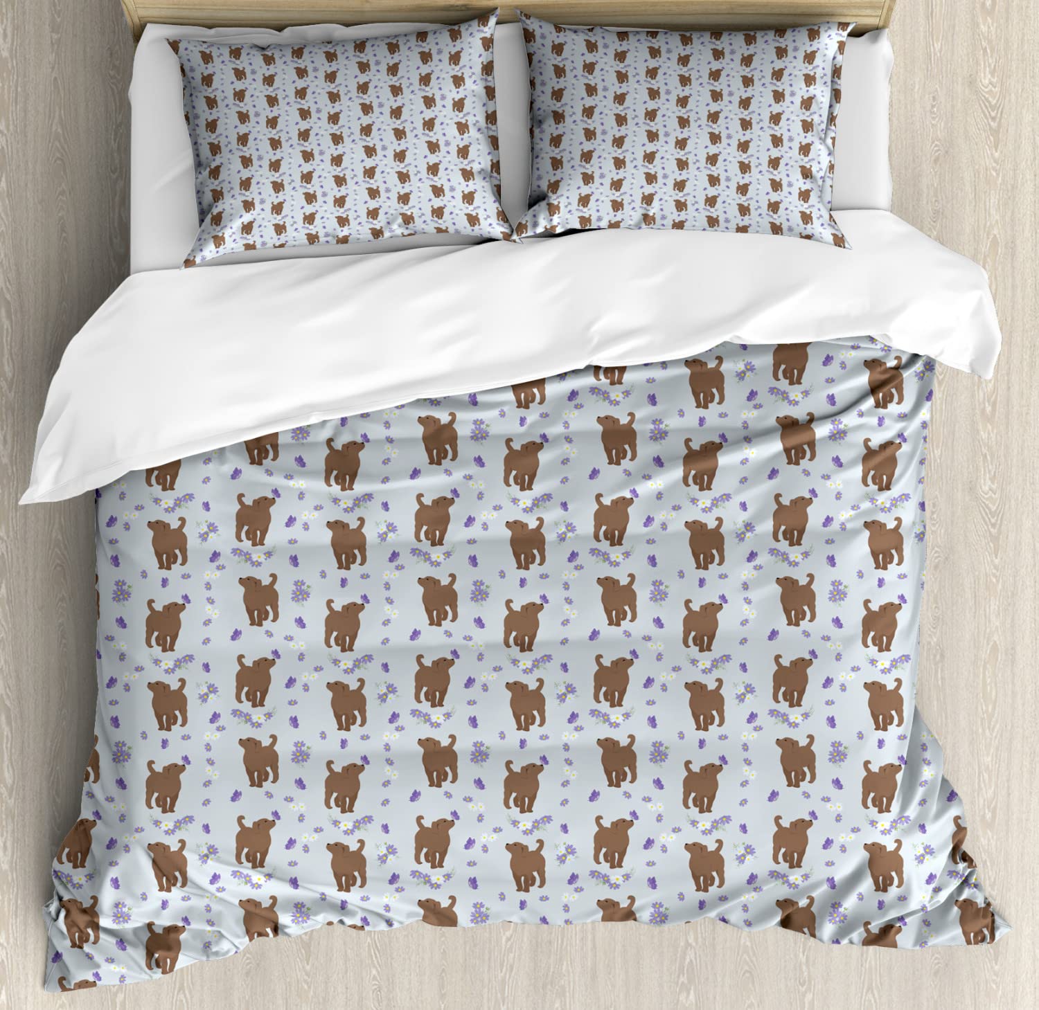 Ambesonne King Size Dog Duvet Cover Set - 2 Pack Puppy Butterfly Floral Print Bedding with 4 Pillowcases, Pale Blue & Brown - Perfect for Pet Lovers' Bedroom Decor & Cozy Home Styling