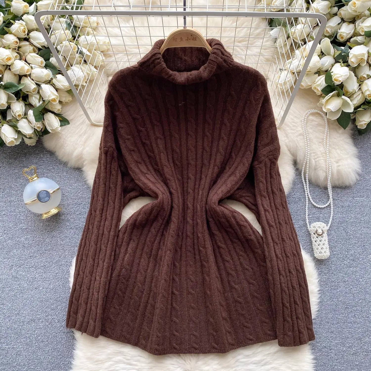 Women's Elegant High Neck Knit Sweater - Warm Winter Pullover with Long Sleeves, Loose Fit Crochet Top for Casual & Office Wear | Cozy Autumn Winter Fashion