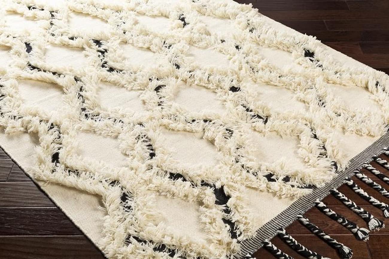 Premium 8x10 Wool Shag Area Rug - Soft Cream White Blue Black Carpet for Living Room, Bedroom, Kitchen | Luxurious & Durable Floor Decor for Home, Office, or Dorm