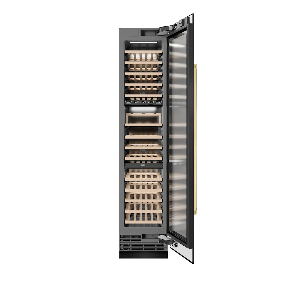 ZLINE Autograph Edition 18 Inch 9.0 cu ft Triple Zone 68 Bottle Right Hinge Column Wine Cooler - Black Stainless Steel with Polished Gold Accents (RCWVRZ BS 18 G) | Perfect for Home Bars, Wine Cellars & Entertaining Spaces