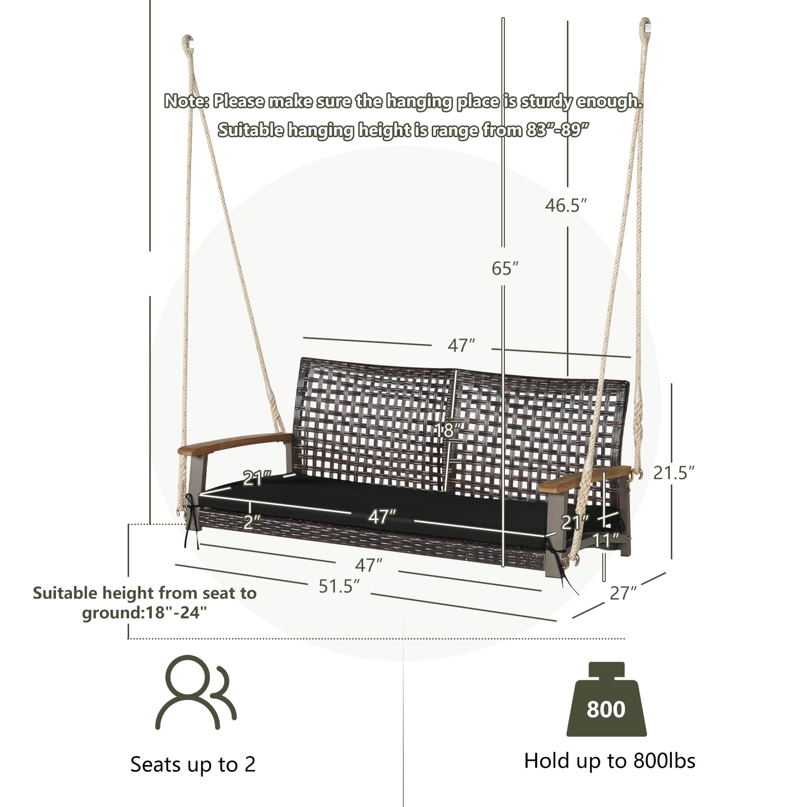 Tangkula 2-Person PE Wicker Porch Swing Bench - Outdoor Hanging Chair with Soft Cushion & Heavy Duty Chains (118
